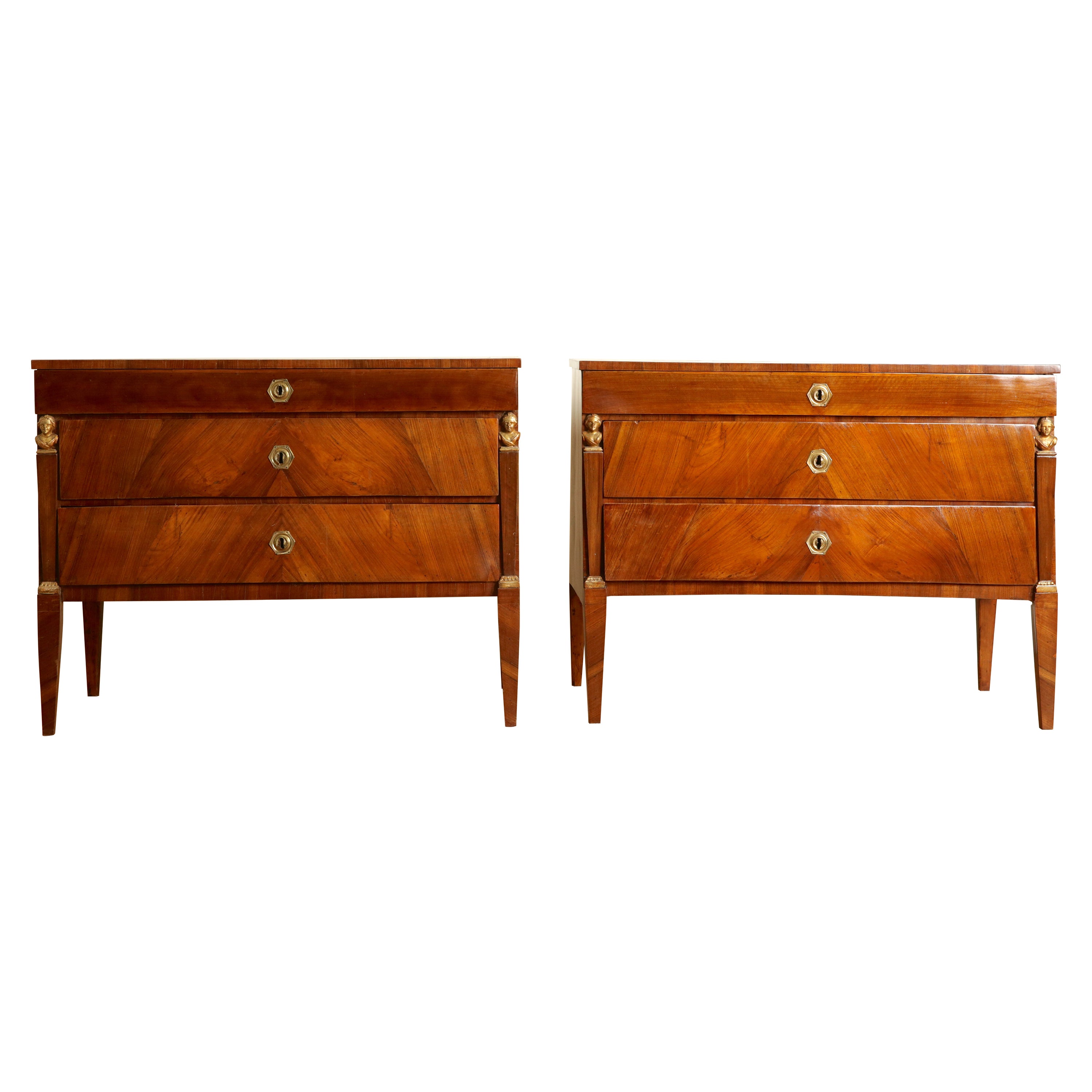 Pair Neoclassic Northern Italian Walnut 
Giltwood 3-Drawer Commodes, 1stq 19thc