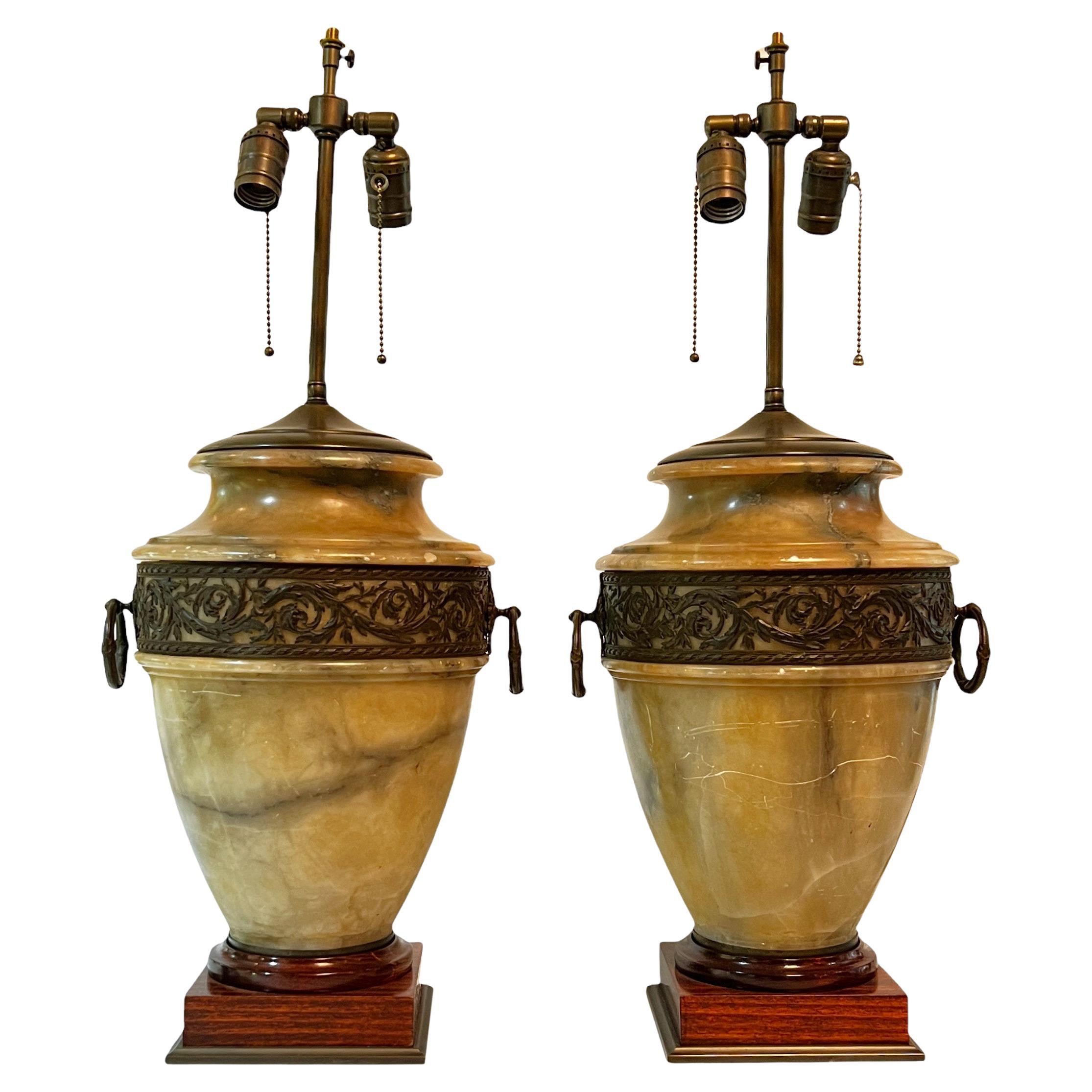 Pair Neoclassical Alabaster Urn Form Table Lamps