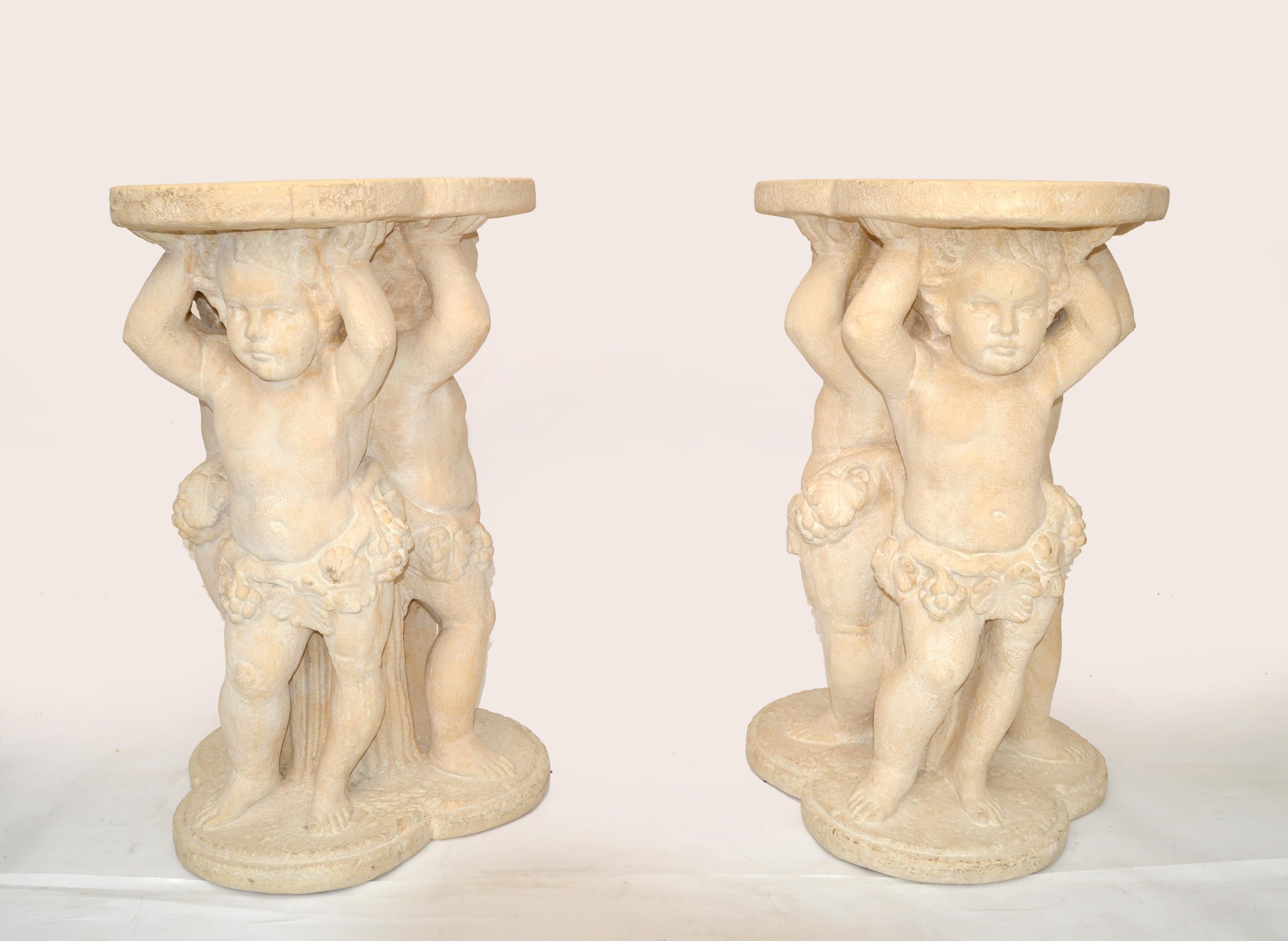 Hand-Carved Pair, Neoclassical Angels Pedestal Table Bases, Sculpture Stands, Columns Italy  For Sale