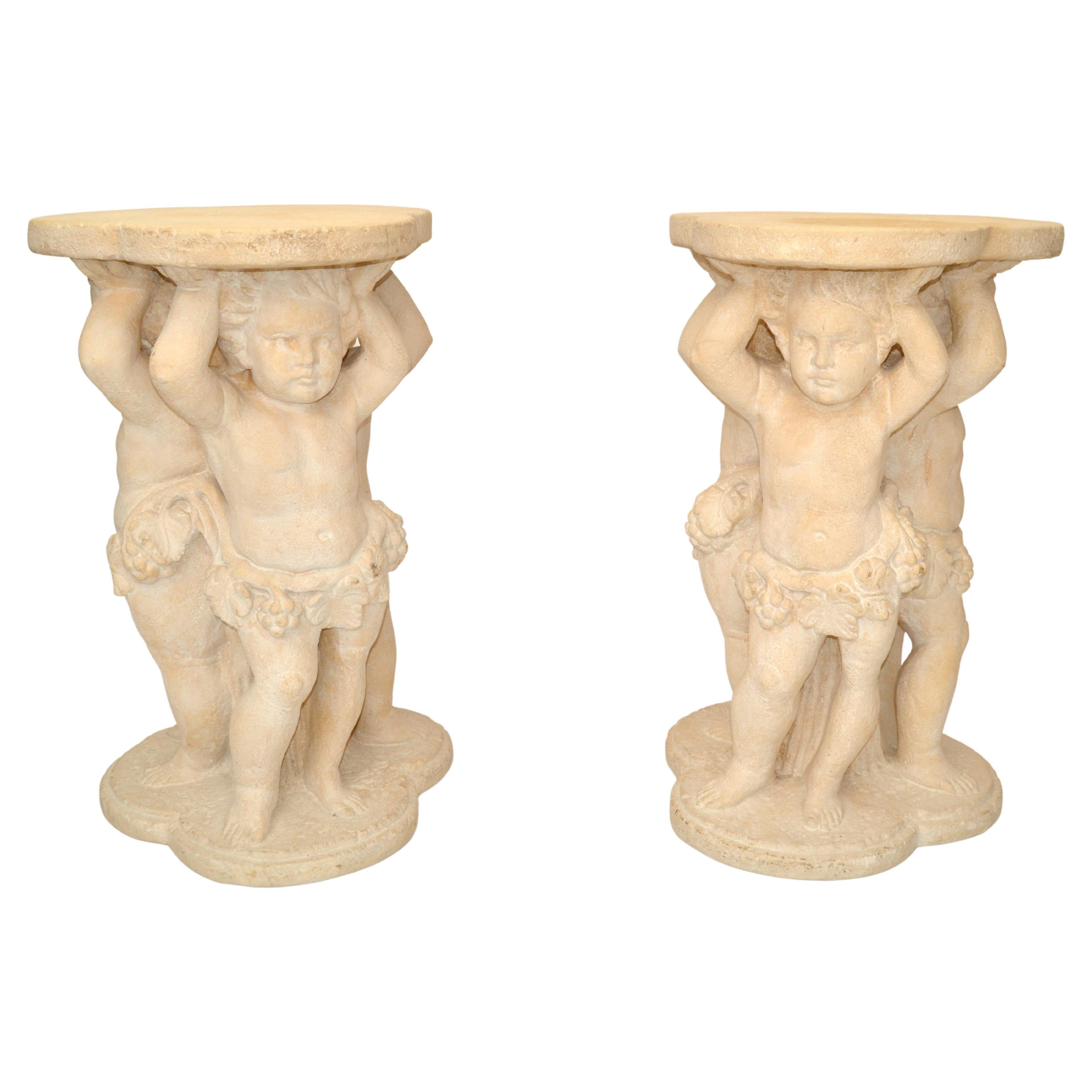 Pair, Neoclassical Angels Pedestal Table Bases, Sculpture Stands, Columns Italy  For Sale