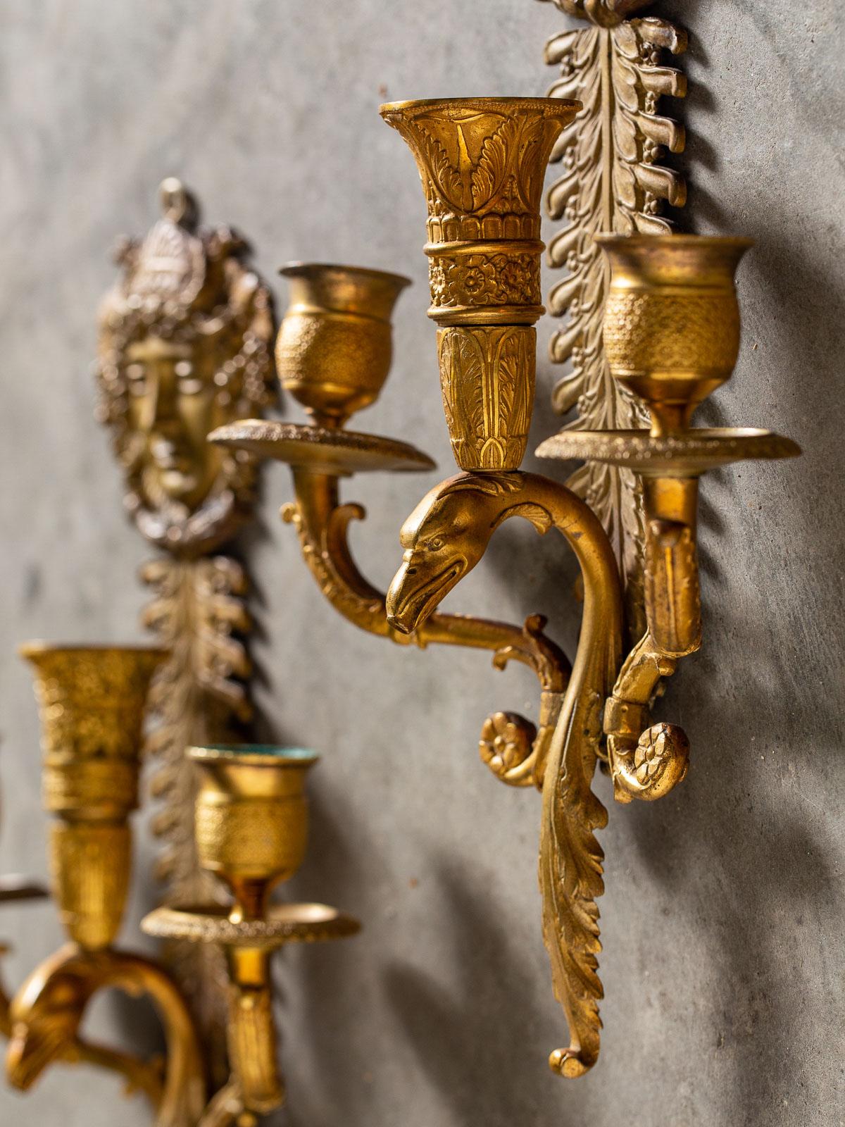 Pair of Neoclassical Antique French Empire Style Gilt Bronze Sconces, circa 1870 For Sale 6