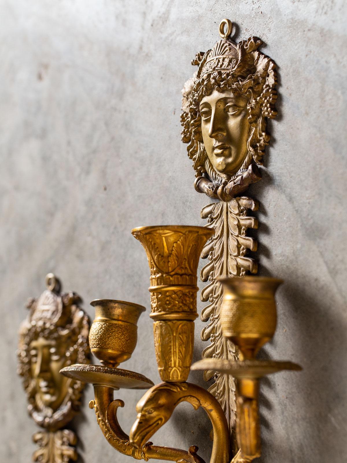 Pair of Neoclassical Antique French Empire Style Gilt Bronze Sconces, circa 1870 For Sale 7