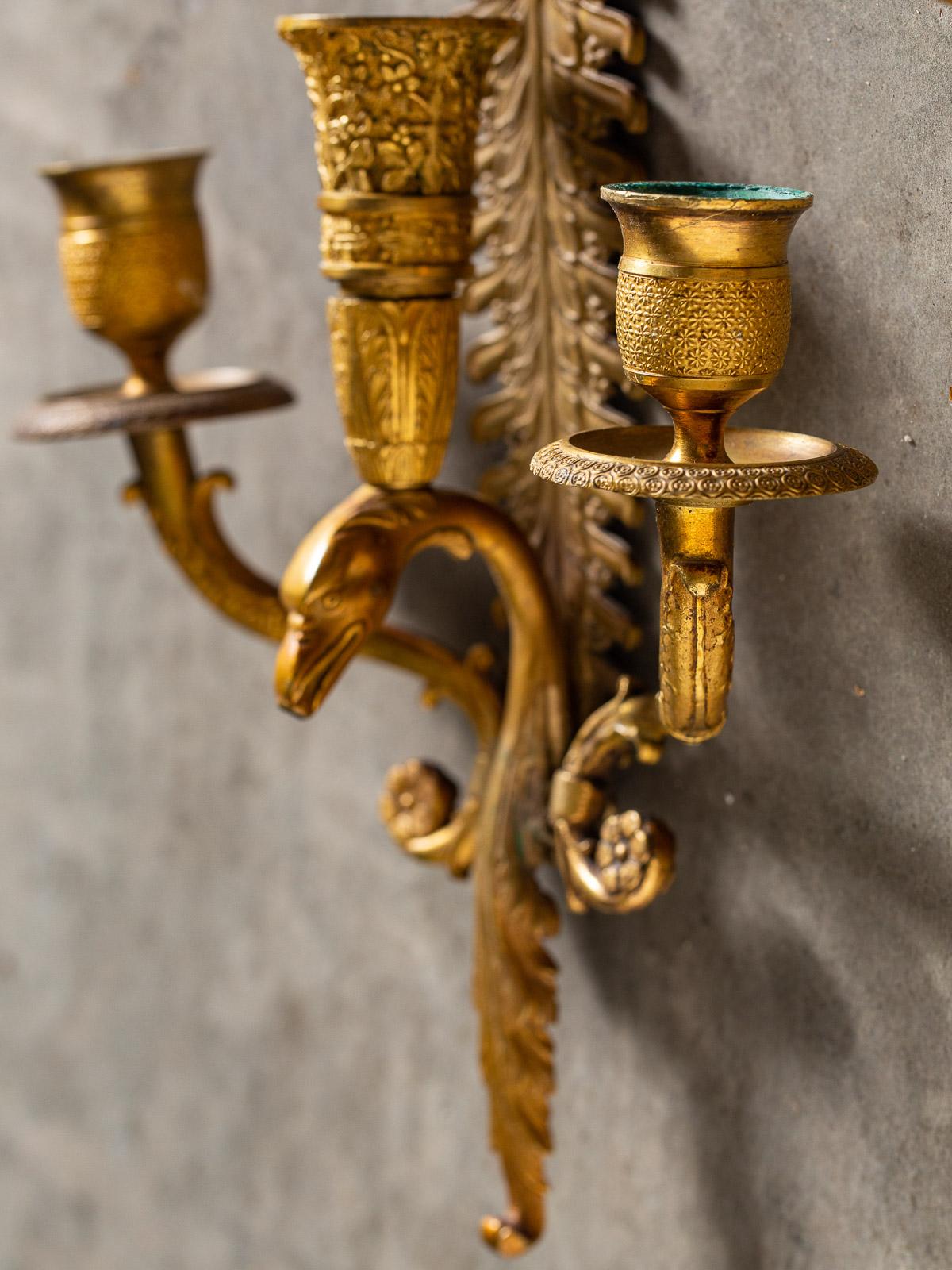 Pair of Neoclassical Antique French Empire Style Gilt Bronze Sconces, circa 1870 For Sale 9