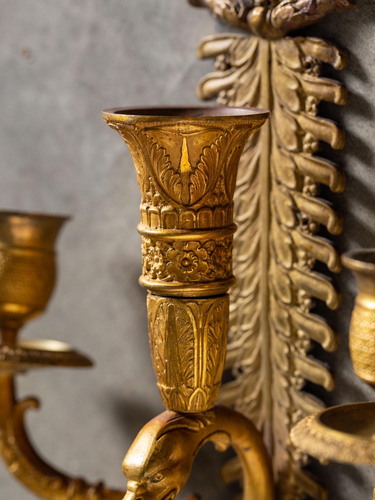 Pair of Neoclassical Antique French Empire Style Gilt Bronze Sconces, circa 1870 For Sale 10
