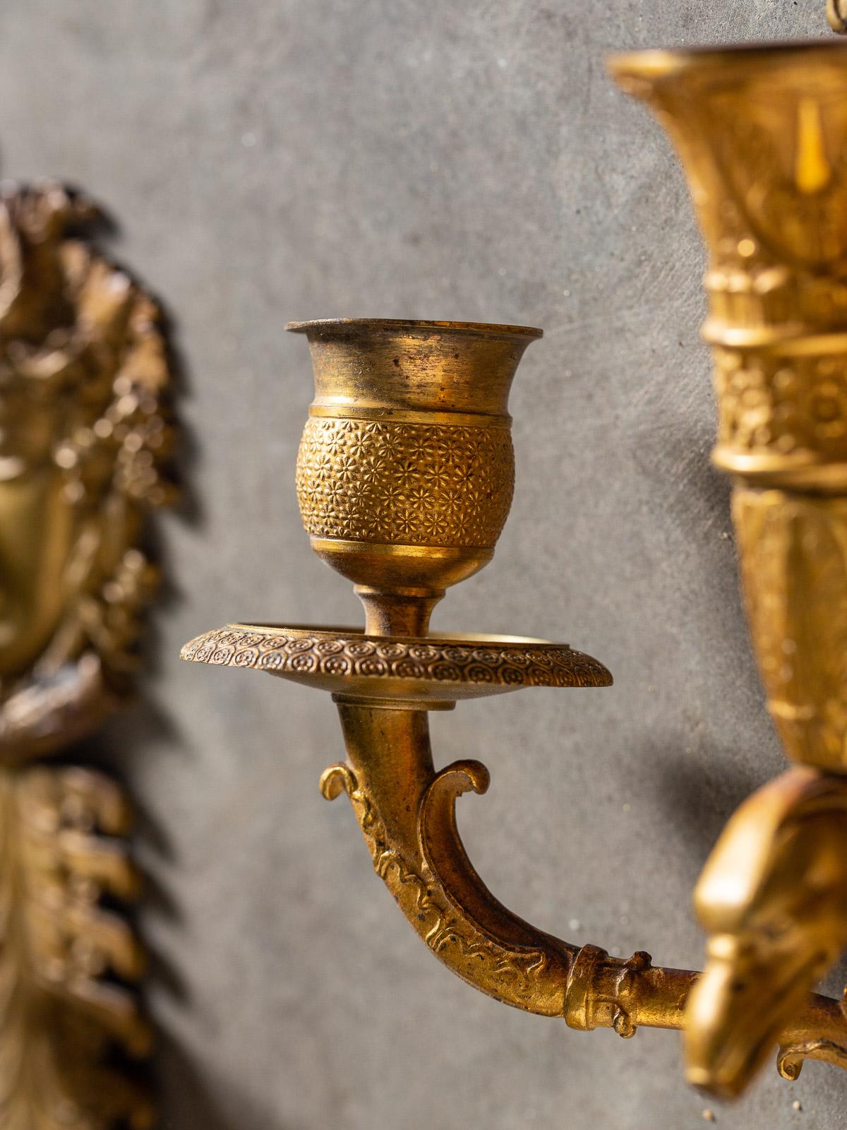 Pair of Neoclassical Antique French Empire Style Gilt Bronze Sconces, circa 1870 For Sale 11