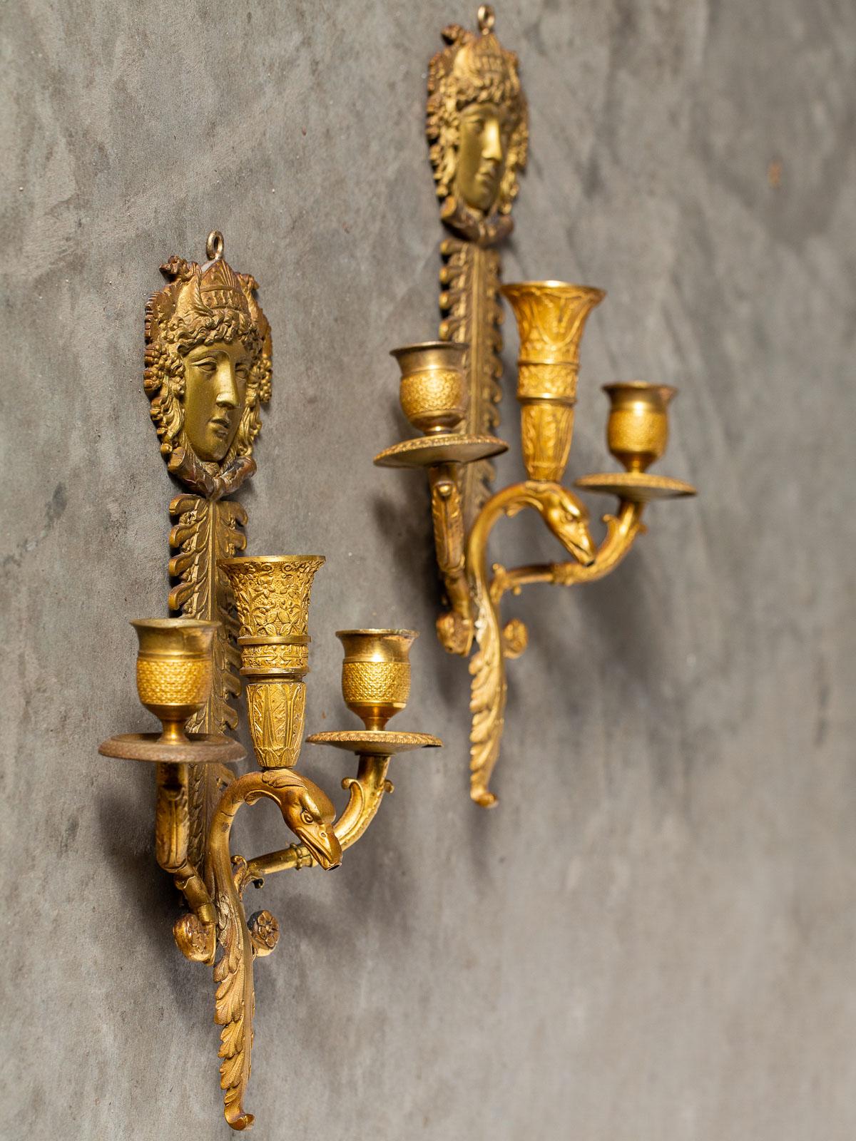 Pair of Neoclassical Antique French Empire Style Gilt Bronze Sconces, circa 1870 For Sale 3