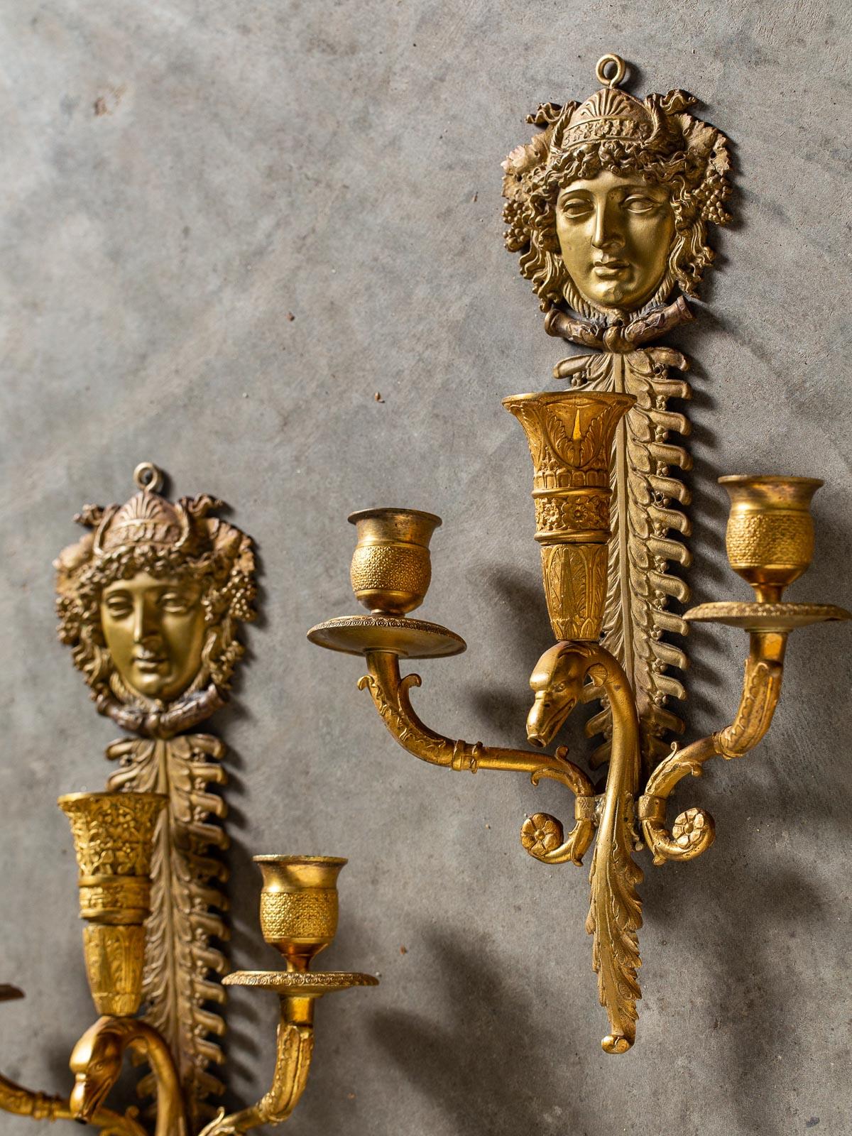 Pair of Neoclassical Antique French Empire Style Gilt Bronze Sconces, circa 1870 For Sale 4