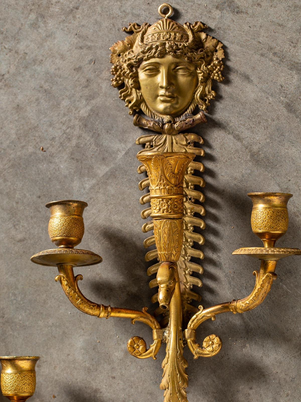 Pair of Neoclassical Antique French Empire Style Gilt Bronze Sconces, circa 1870 For Sale 5