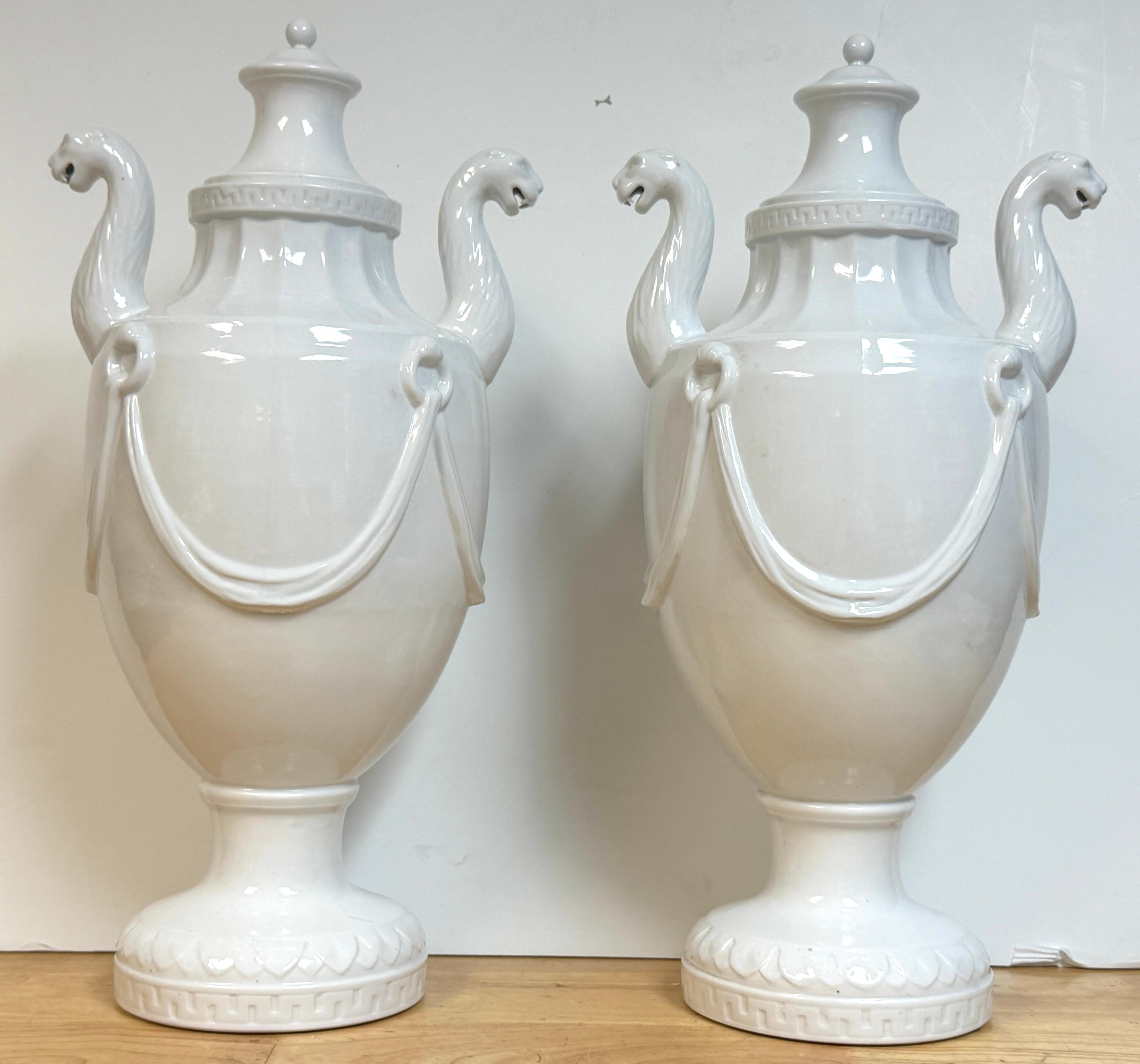Neoclassico Pair Neoclassical Blanc de Chine Porcelain Urns, Attributed Nymphenburg, 20th C. in vendita