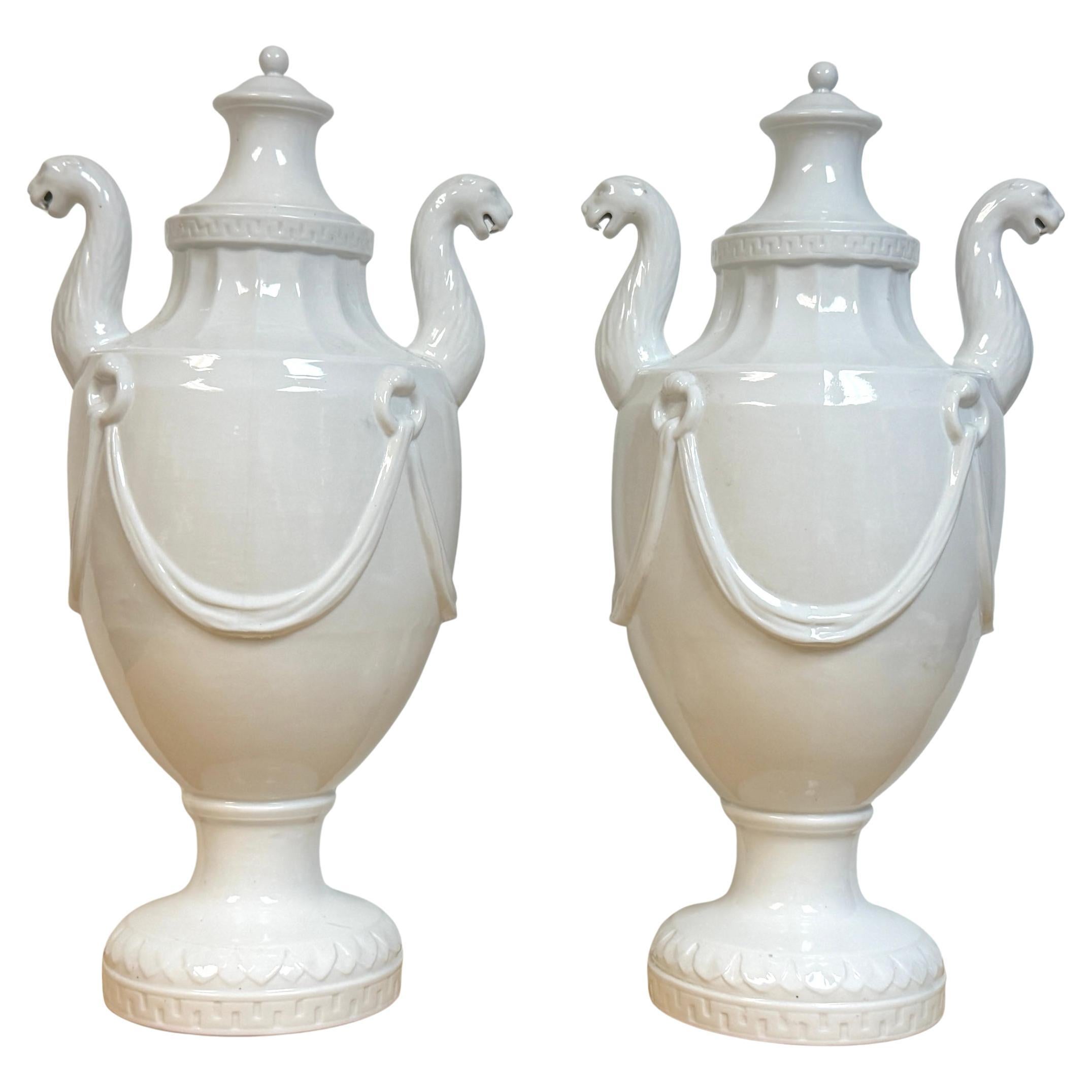 Pair Neoclassical Blanc de Chine Porcelain Urns, Attributed Nymphenburg, 20th C. in vendita