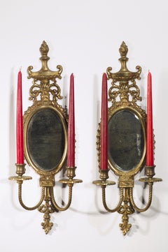 Pair Neoclassical Bronze Mirrored Wall Sconces Candle Holders