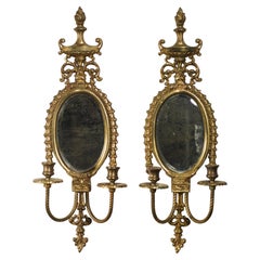 Pair Neoclassical Bronze Mirrored Wall Sconces Candle Holders