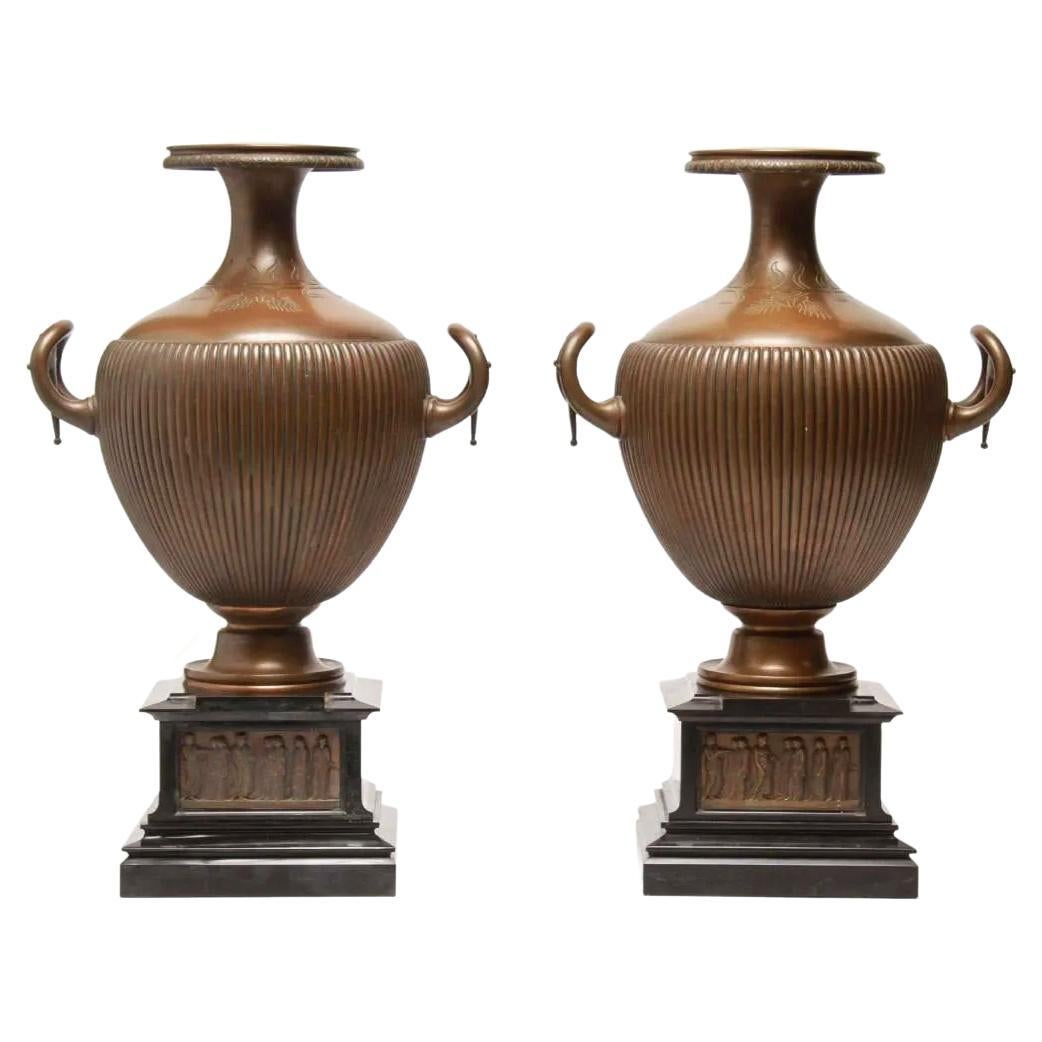 Pair Neoclassical Bronze Vases in Form of Greek Hydra Water Jars For Sale