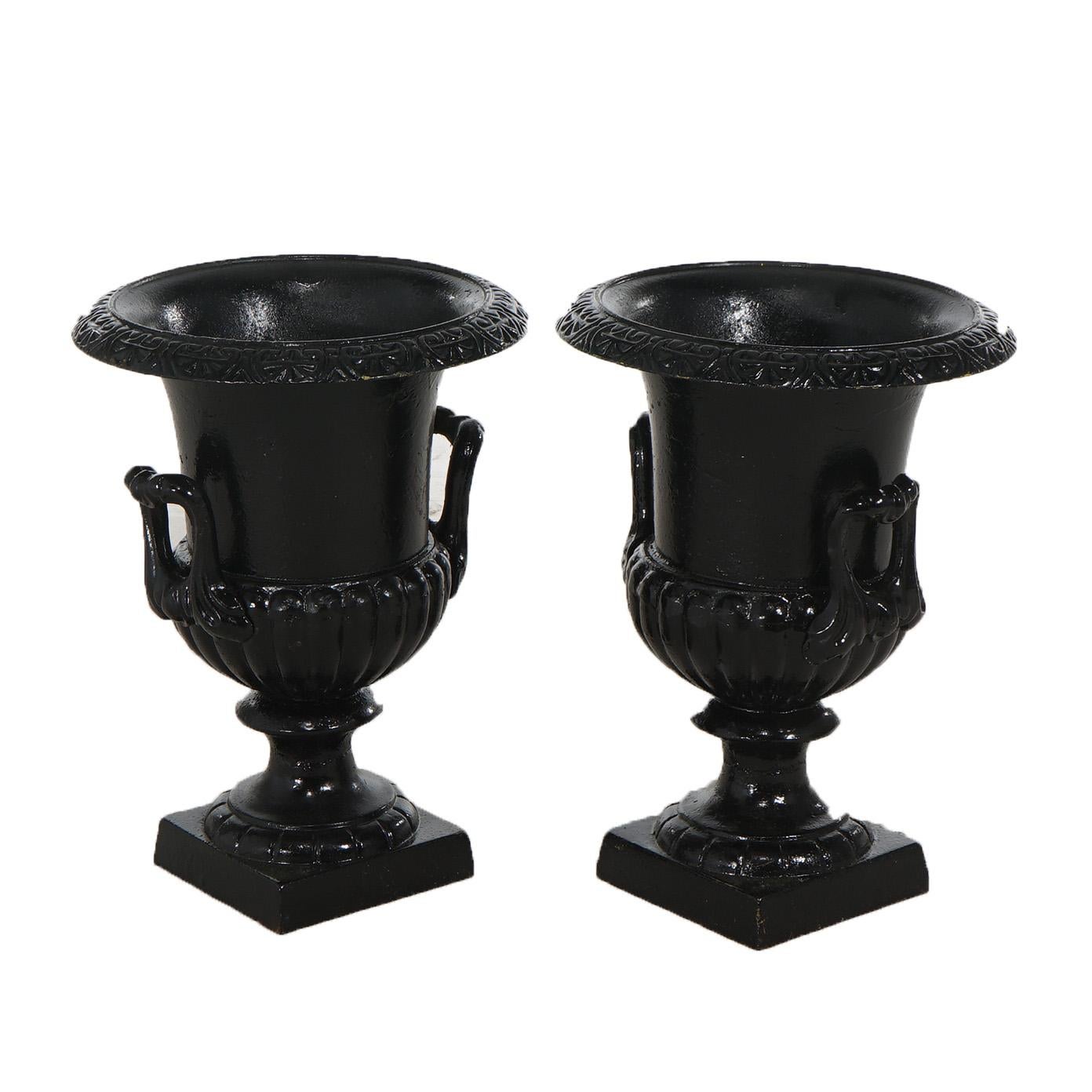 Pair Neoclassical Cast Iron Ribbed Melon-Bowl Double Handled Garden Urns 20thC In Good Condition In Big Flats, NY