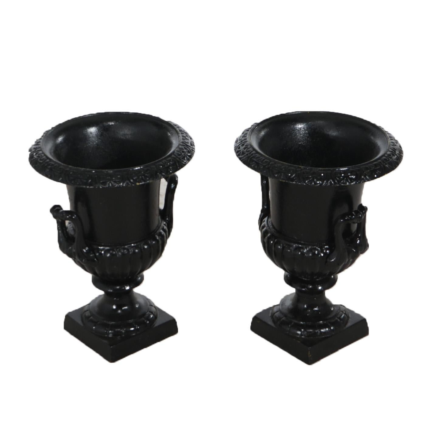 20th Century Pair Neoclassical Cast Iron Ribbed Melon-Bowl Double Handled Garden Urns 20thC