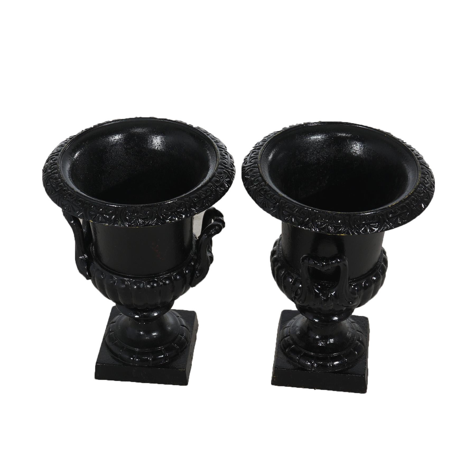 Pair Neoclassical Cast Iron Ribbed Melon-Bowl Double Handled Garden Urns 20thC 1