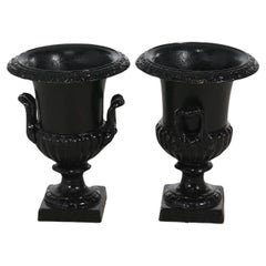 Vintage Pair Neoclassical Cast Iron Ribbed Melon-Bowl Double Handled Garden Urns 20thC