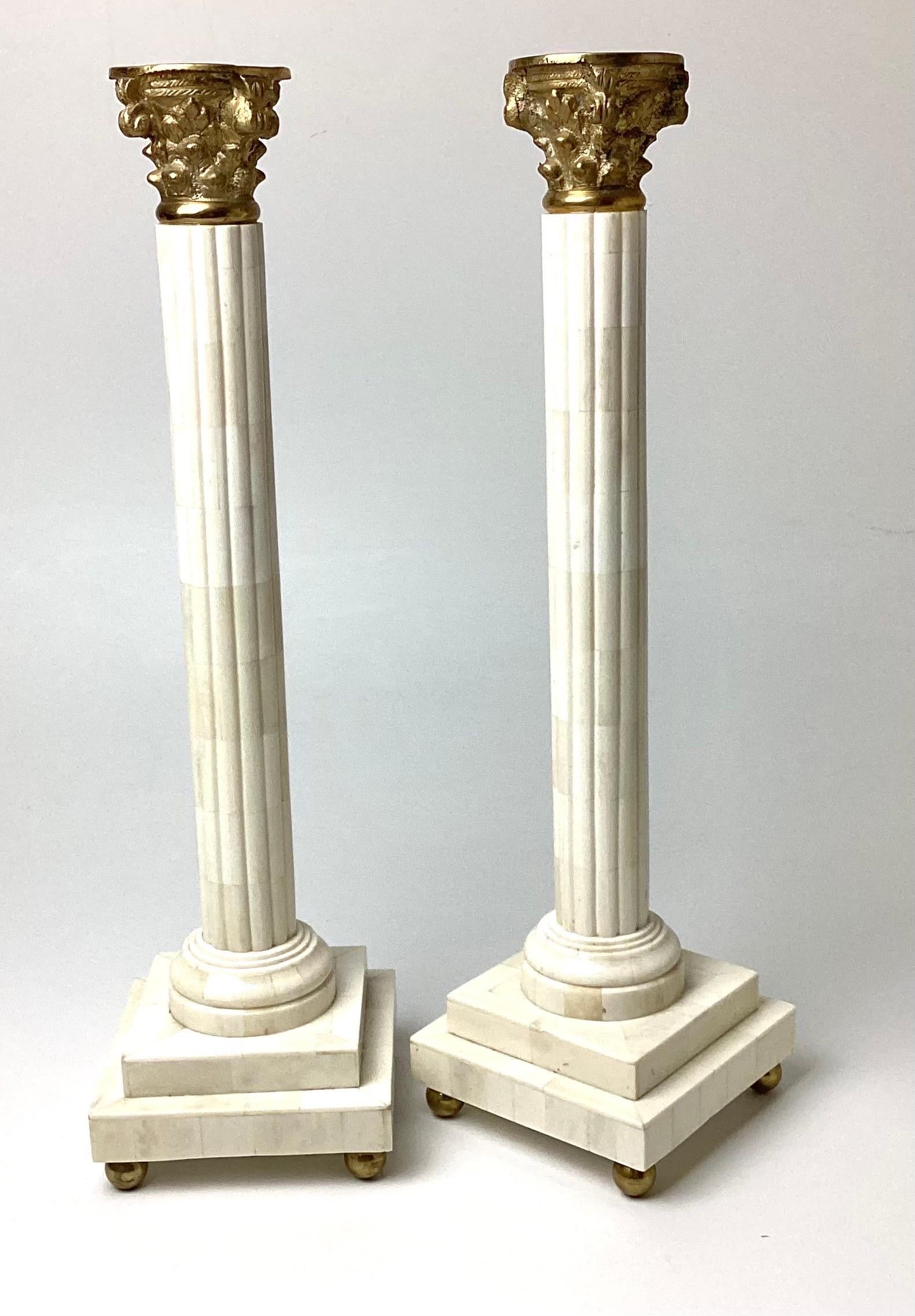 Brass Pair Neoclassical Column Candlesticks For Sale