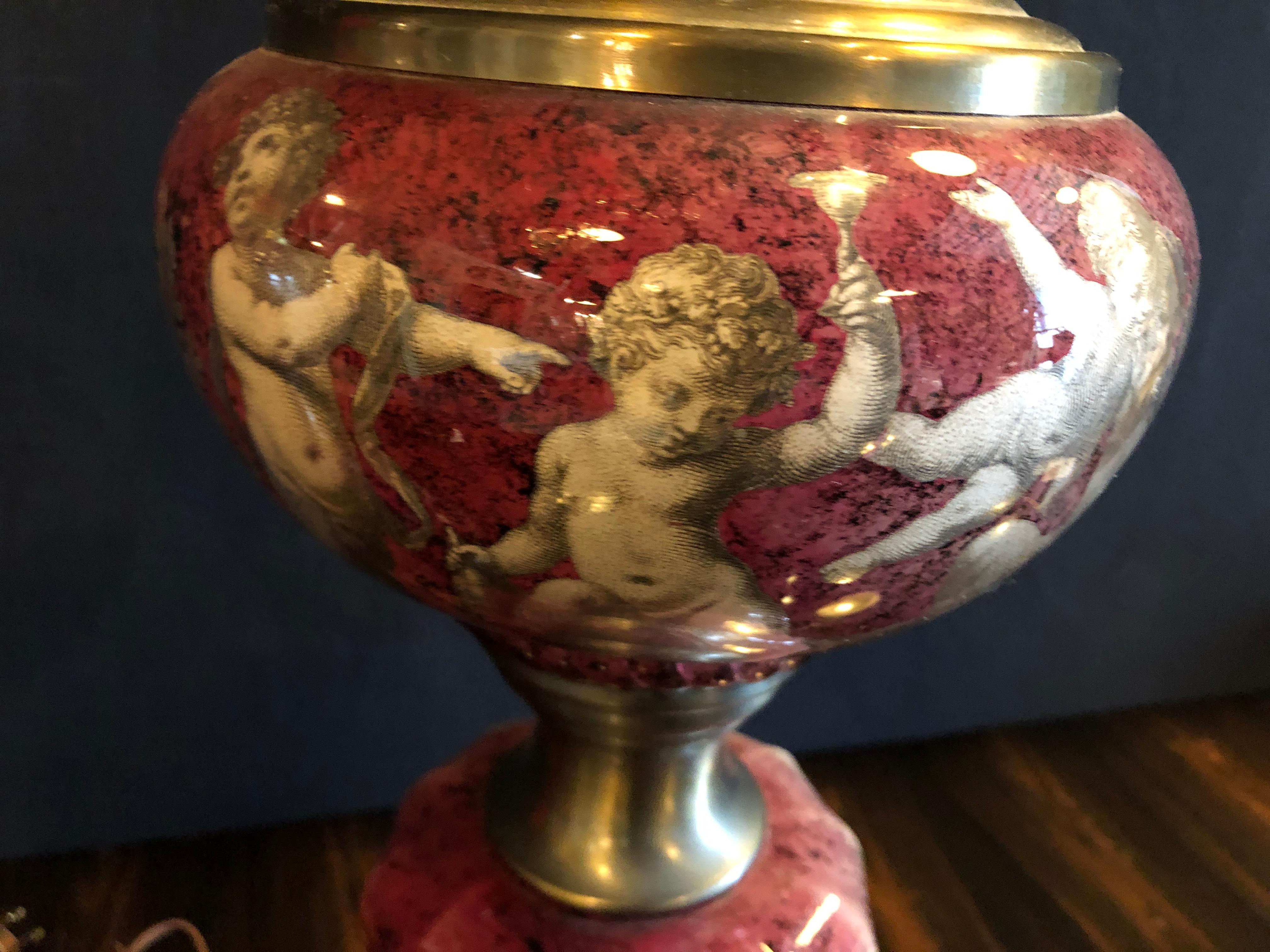 Pair of Neoclassical Cranberry Glass Decoupage Cherub Decorated Table Lamps In Good Condition For Sale In Stamford, CT