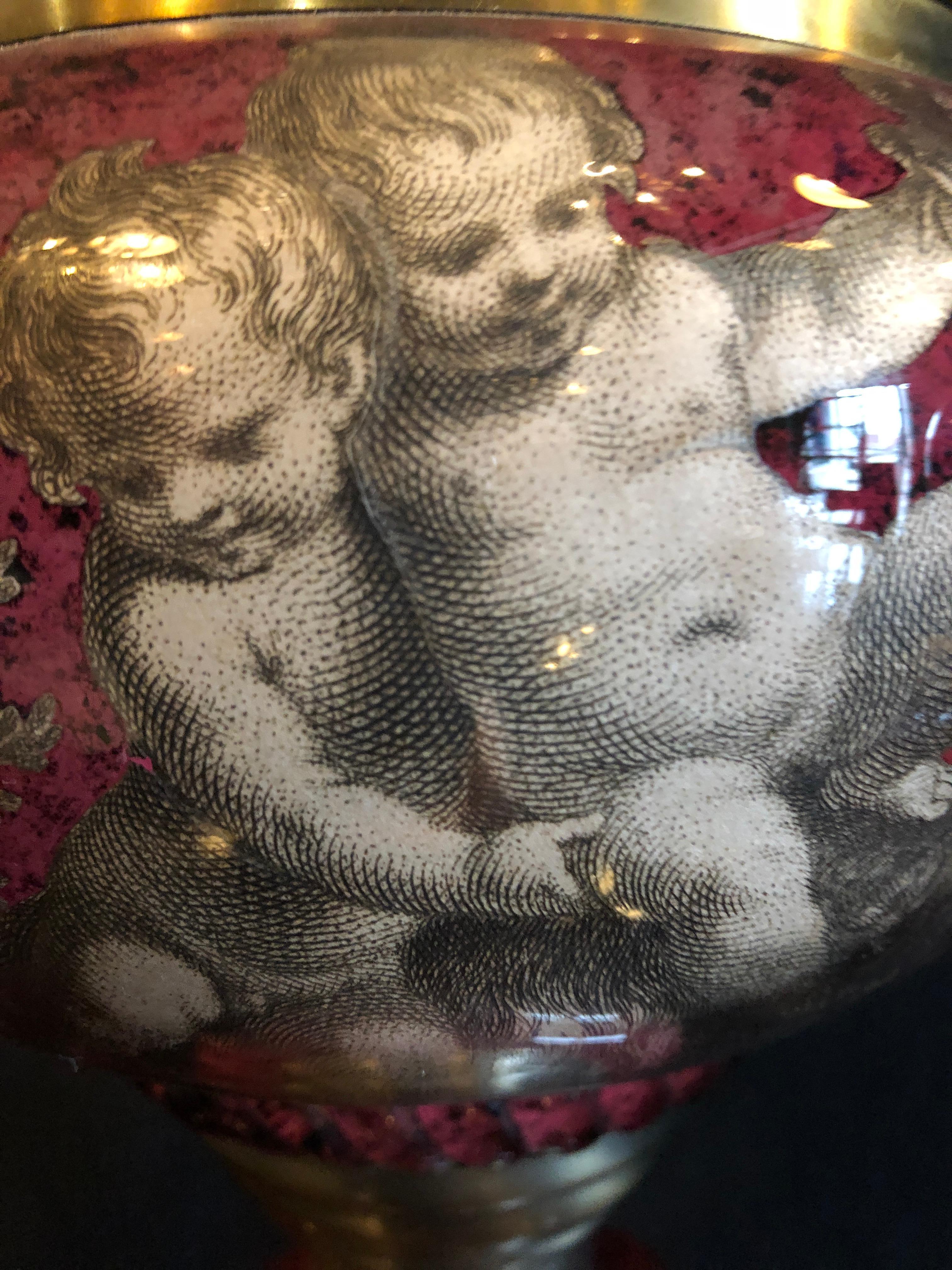 Pair of Neoclassical Cranberry Glass Decoupage Cherub Decorated Table Lamps For Sale 3
