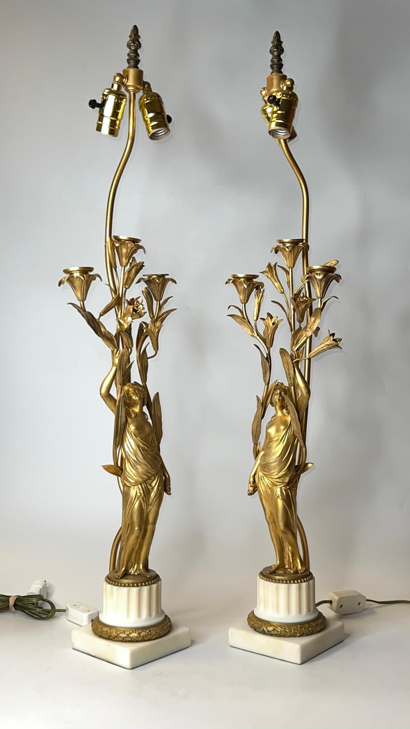 Pair Neoclassical Female Figurative Gilt Bronze Table Lamps For Sale 2