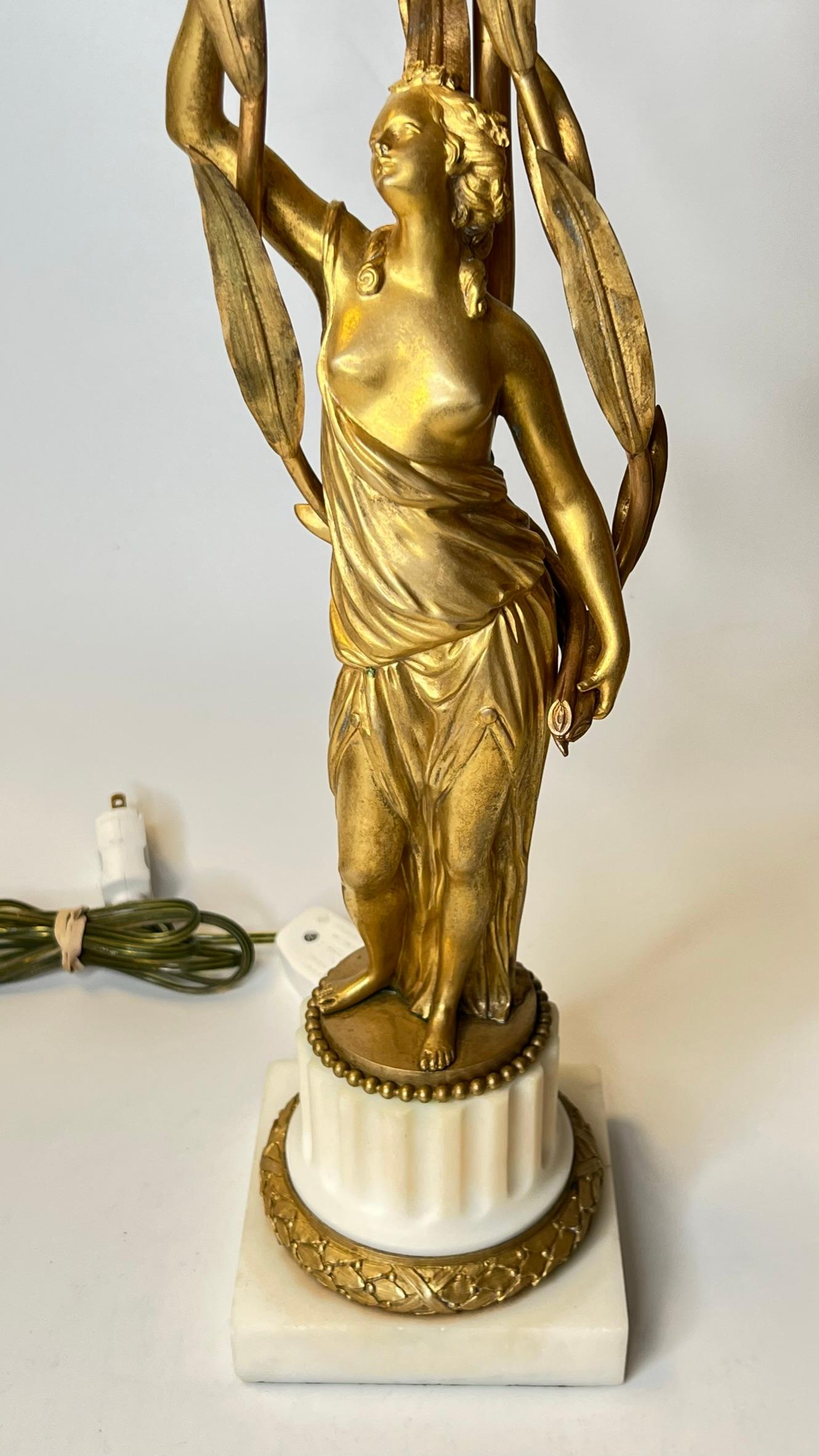 Pair Neoclassical Female Figurative Gilt Bronze Table Lamps For Sale 4
