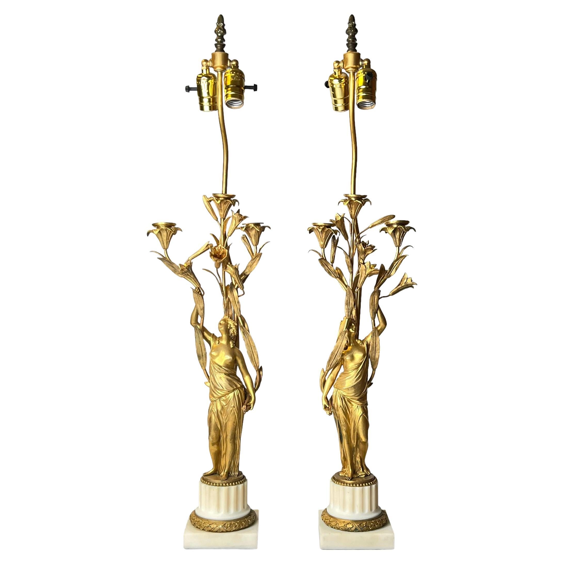 Pair Neoclassical Female Figurative Gilt Bronze Table Lamps For Sale