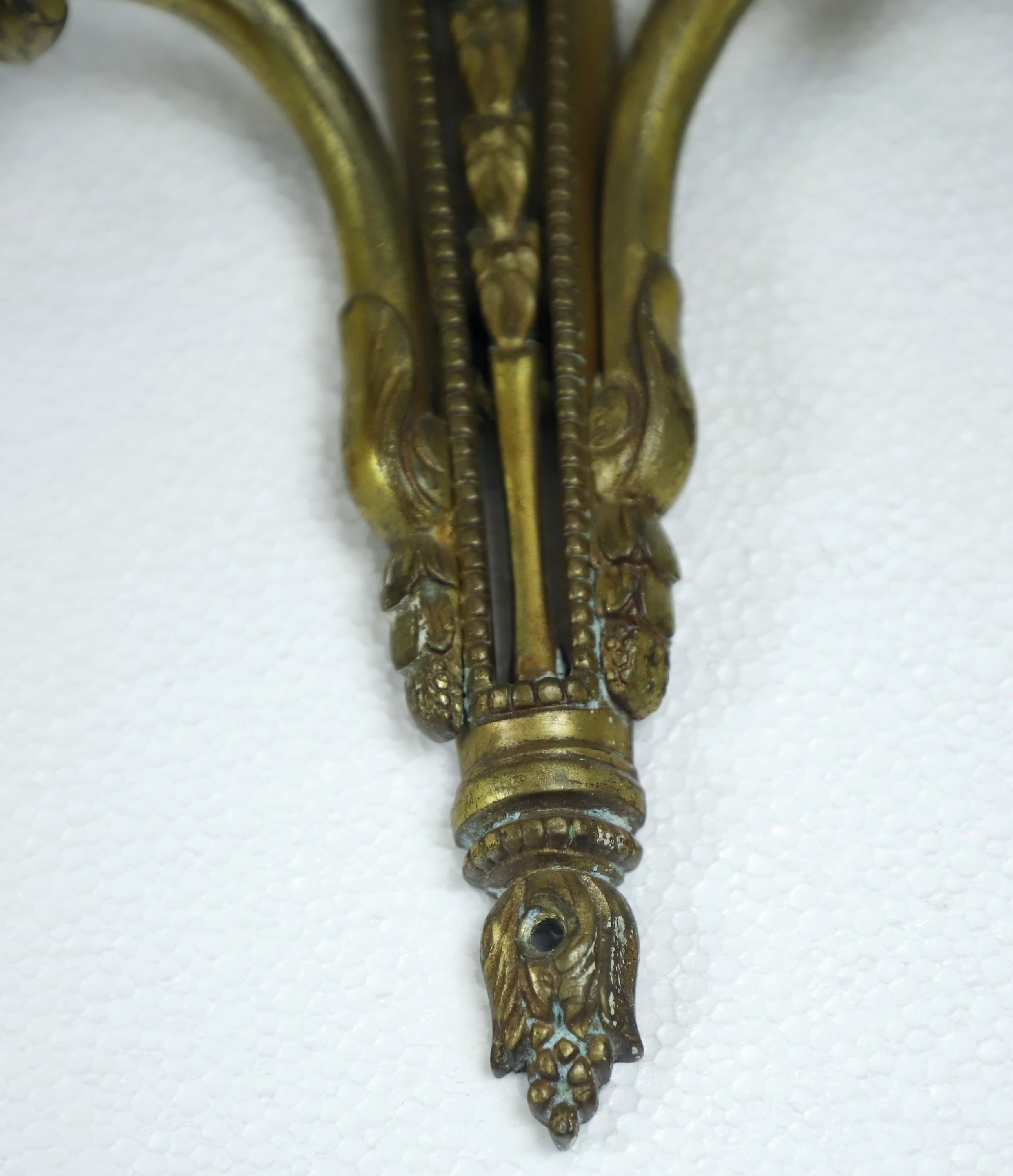 Pair Neoclassical Foliate Floral 2 Arm Brass Wall Sconces 1