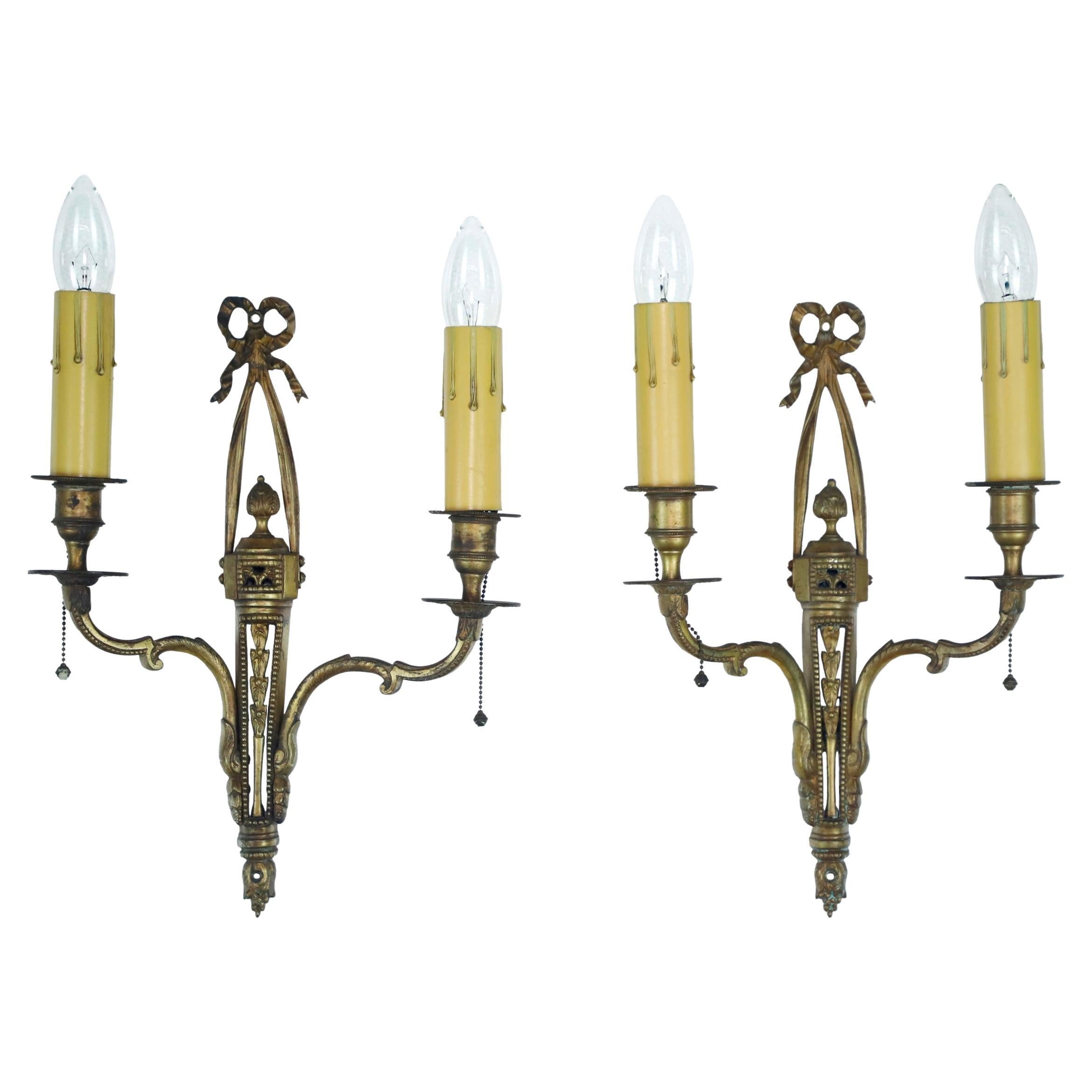 Pair Neoclassical Foliate Floral 2 Arm Brass Wall Sconces