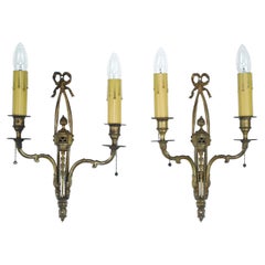 Pair Neoclassical Foliate Floral 2 Arm Brass Wall Sconces