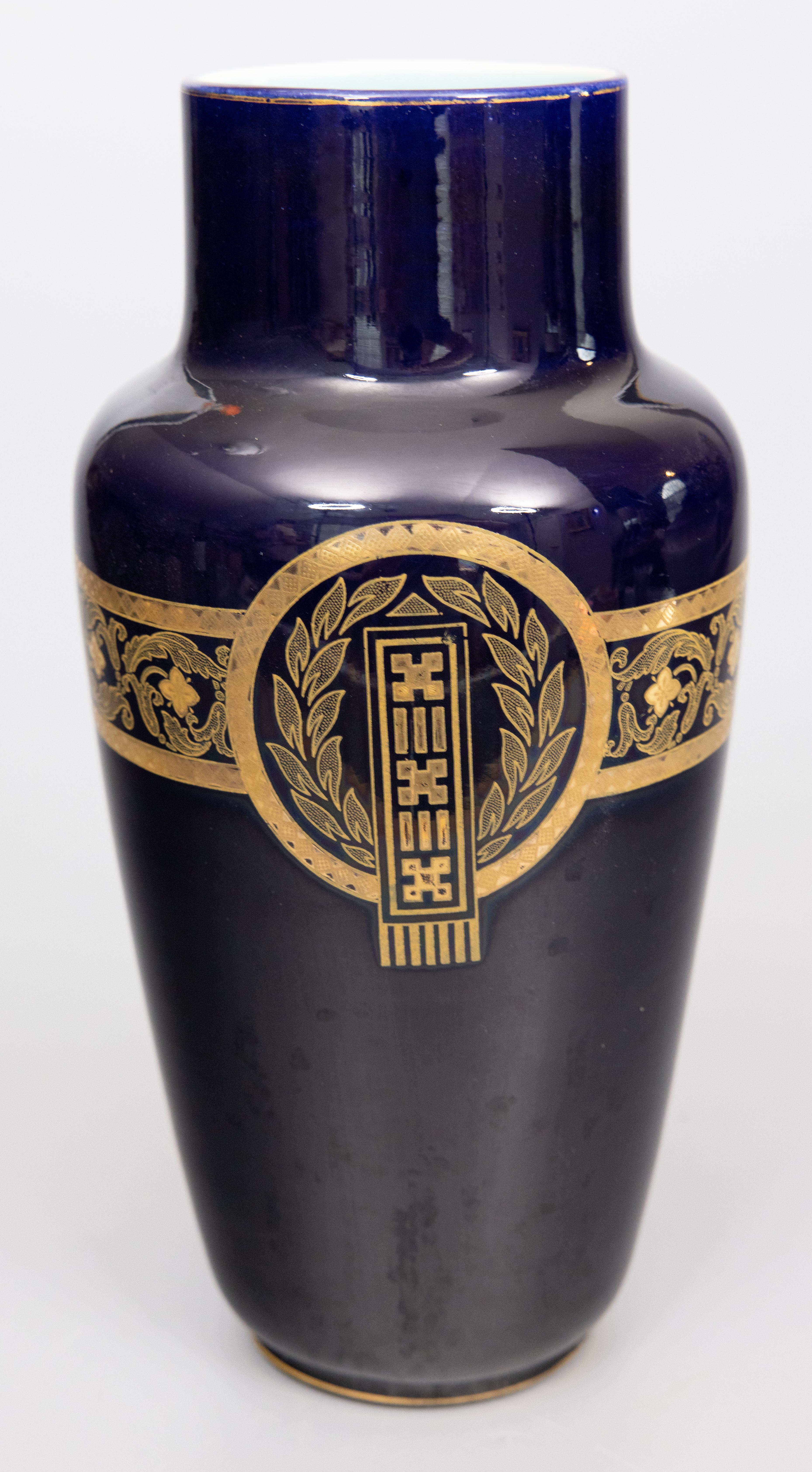 Pair Neoclassical French Sarreguemines Majolica Cobalt Blue & Gilt Vases c. 1900 For Sale 8