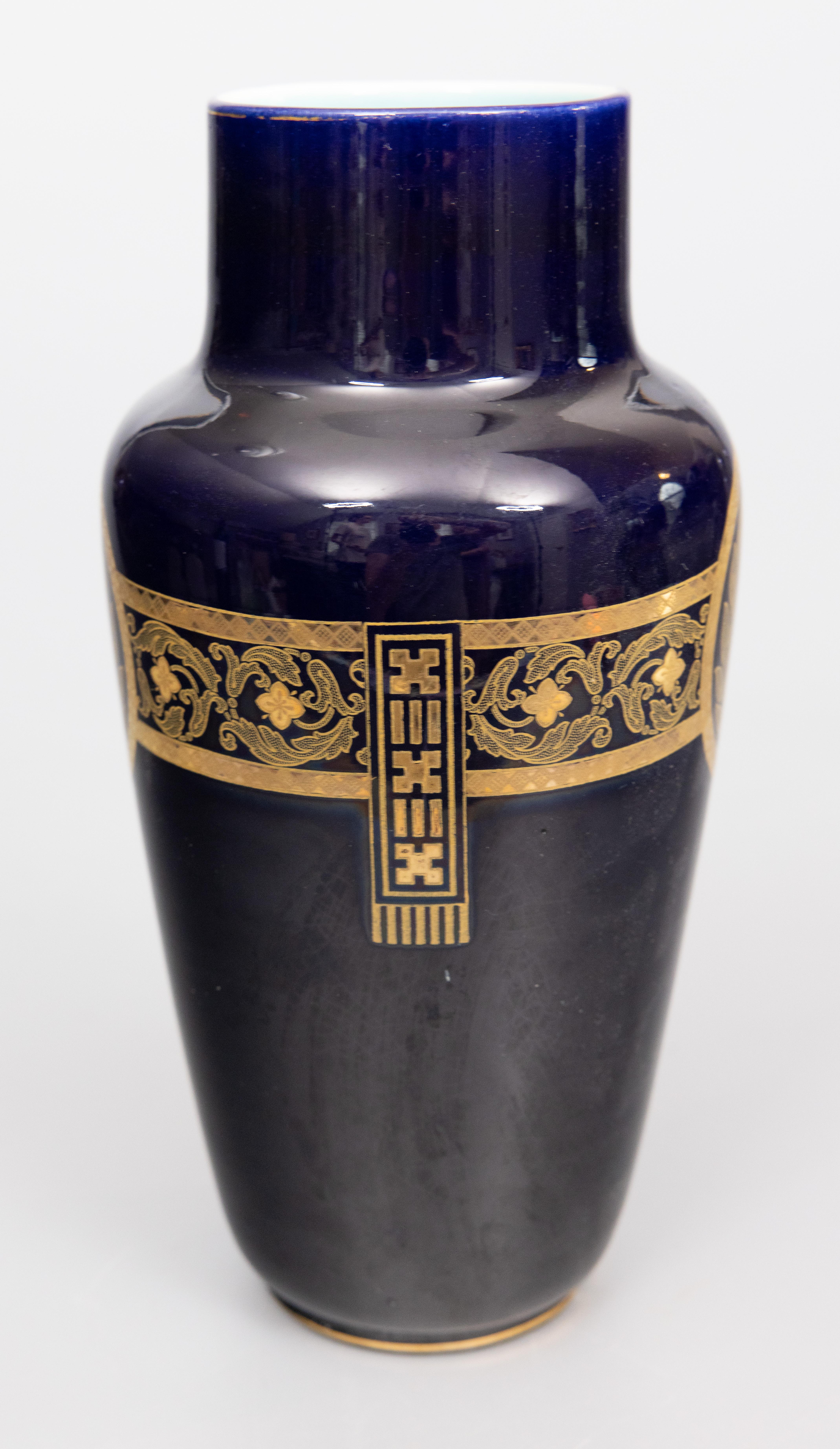 Pair Neoclassical French Sarreguemines Majolica Cobalt Blue & Gilt Vases c. 1900 For Sale 9