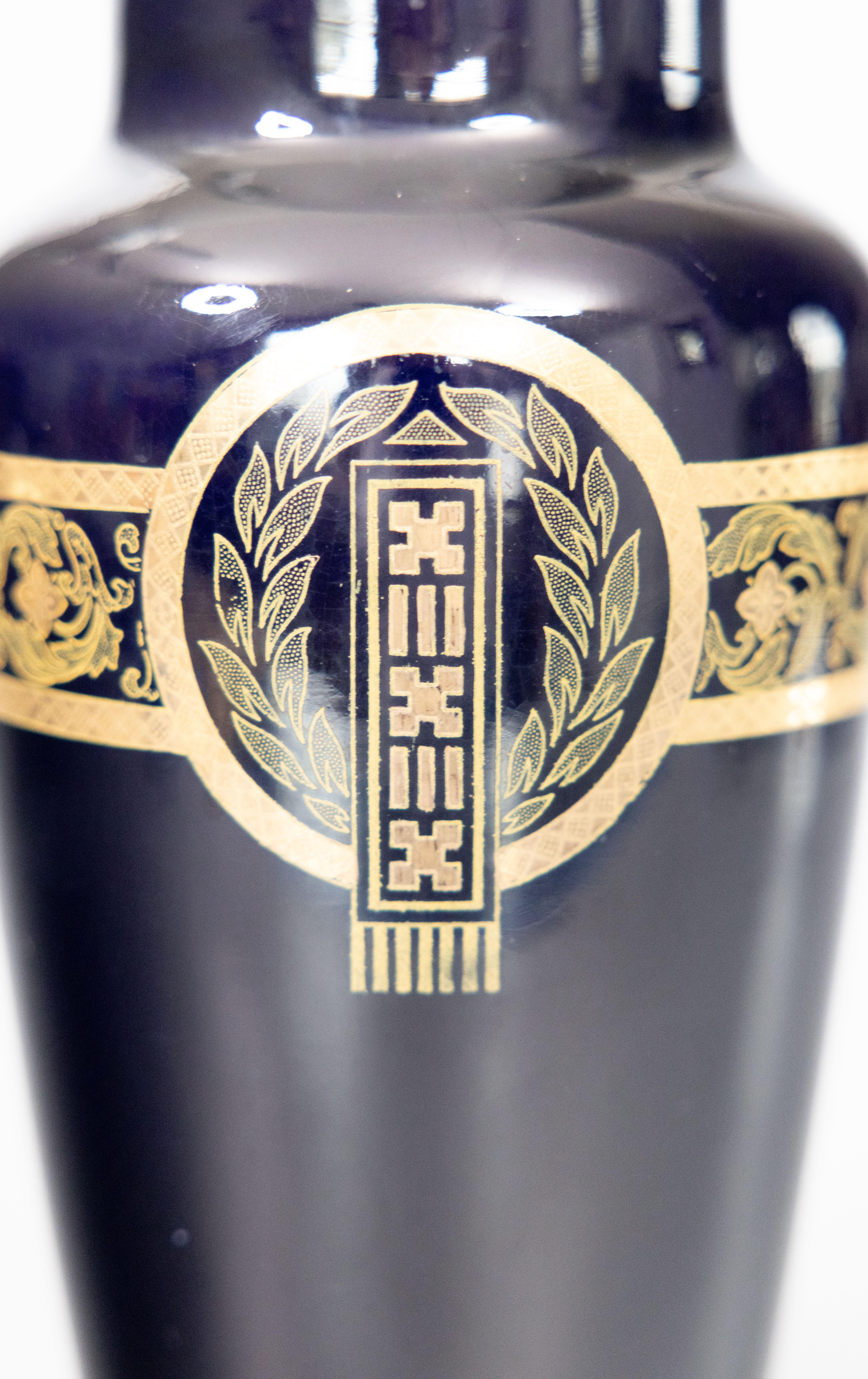 Pair Neoclassical French Sarreguemines Majolica Cobalt Blue & Gilt Vases c. 1900 For Sale 11