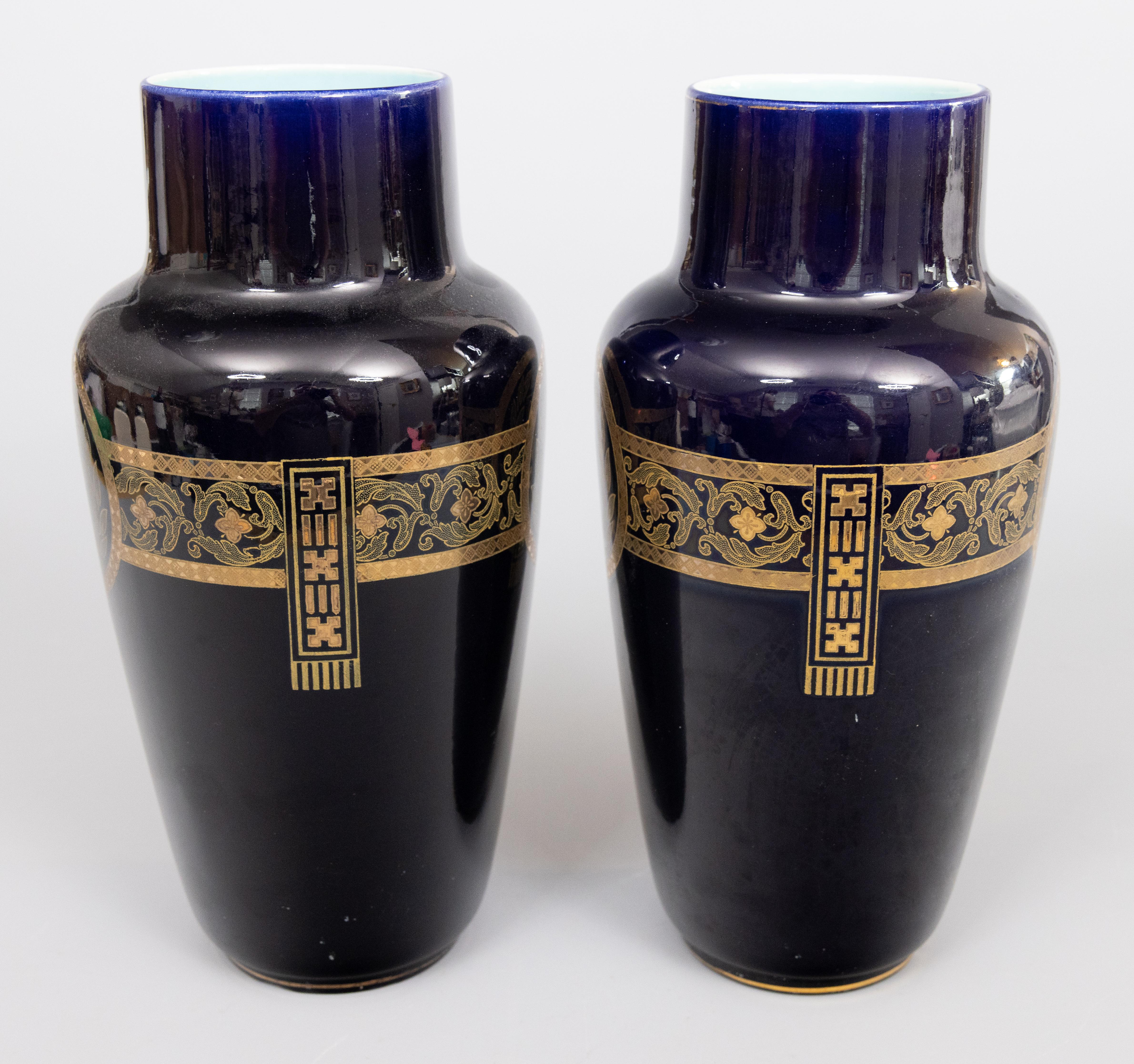 Early 20th Century Pair Neoclassical French Sarreguemines Majolica Cobalt Blue & Gilt Vases c. 1900 For Sale