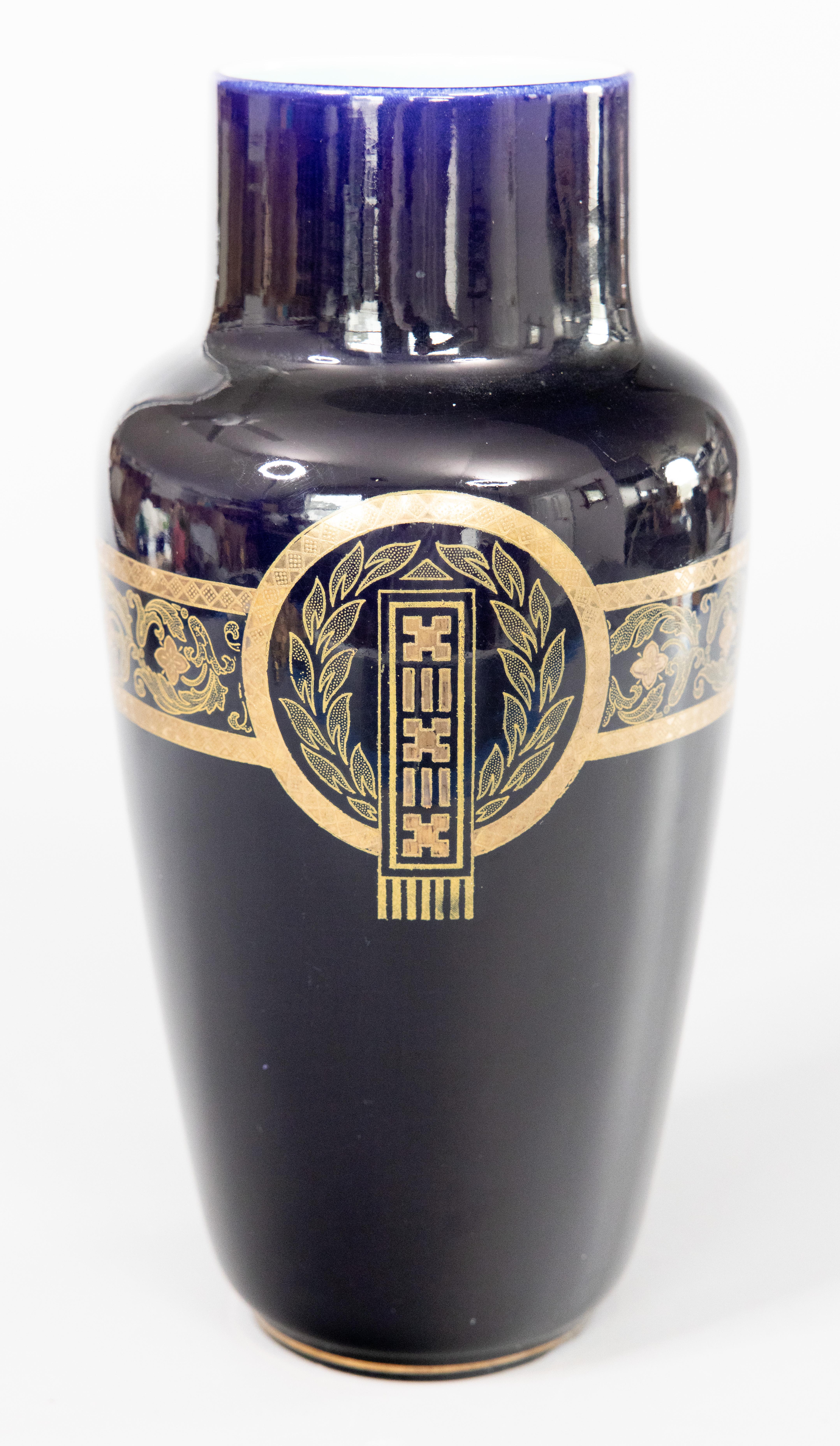 Pair Neoclassical French Sarreguemines Majolica Cobalt Blue & Gilt Vases c. 1900 For Sale 1
