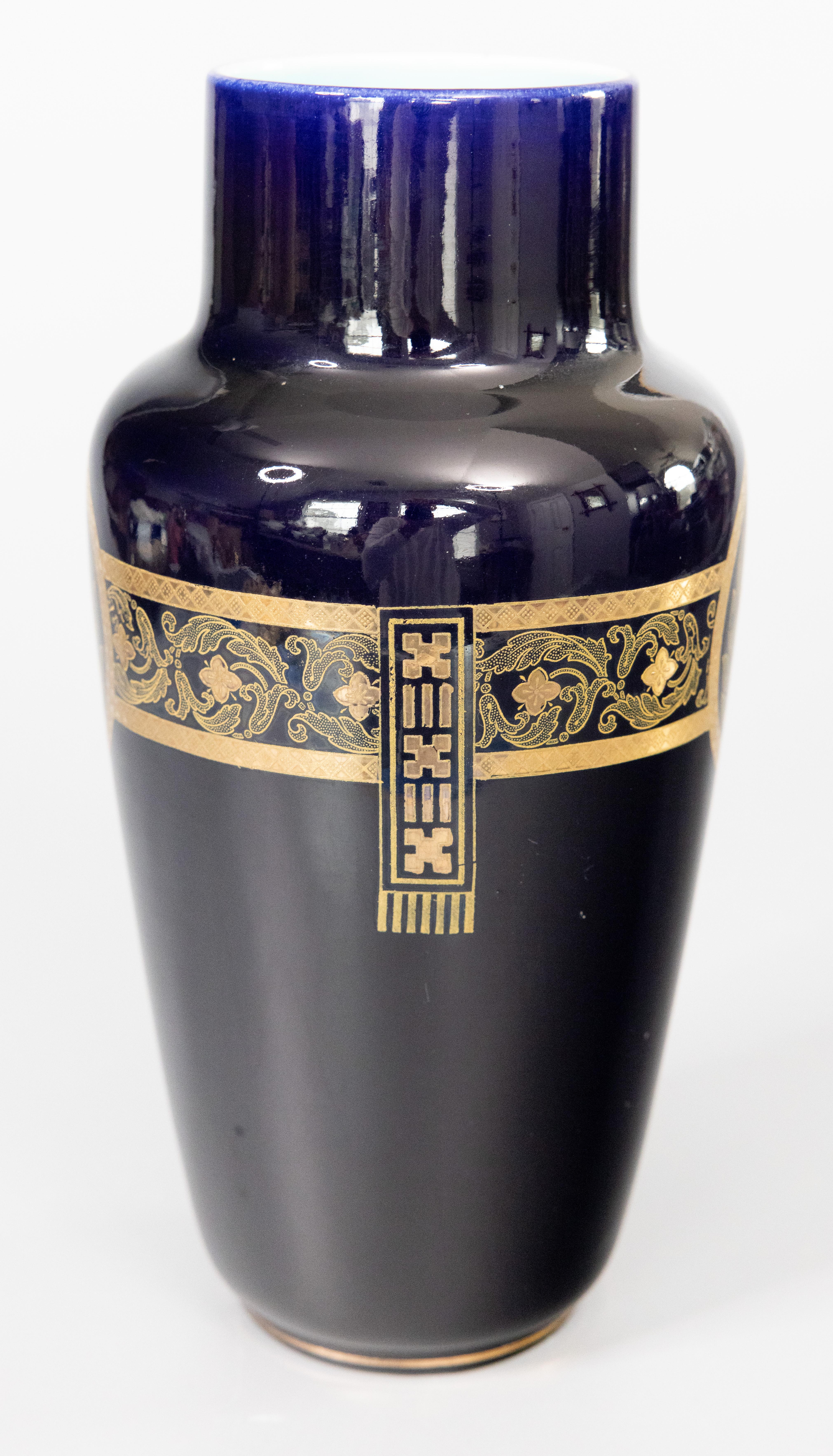 Pair Neoclassical French Sarreguemines Majolica Cobalt Blue & Gilt Vases c. 1900 For Sale 4