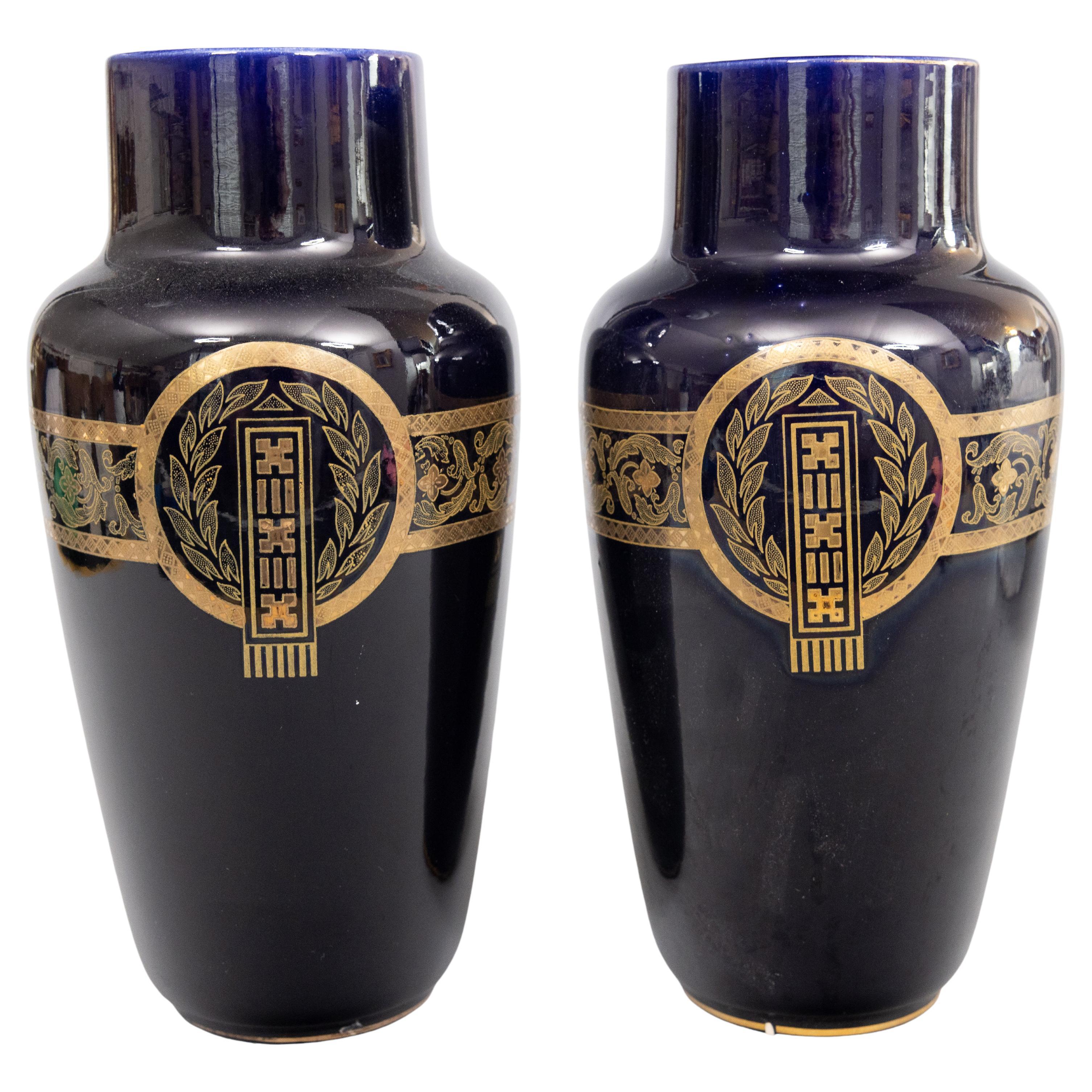 Pair Neoclassical French Sarreguemines Majolica Cobalt Blue & Gilt Vases c. 1900 For Sale