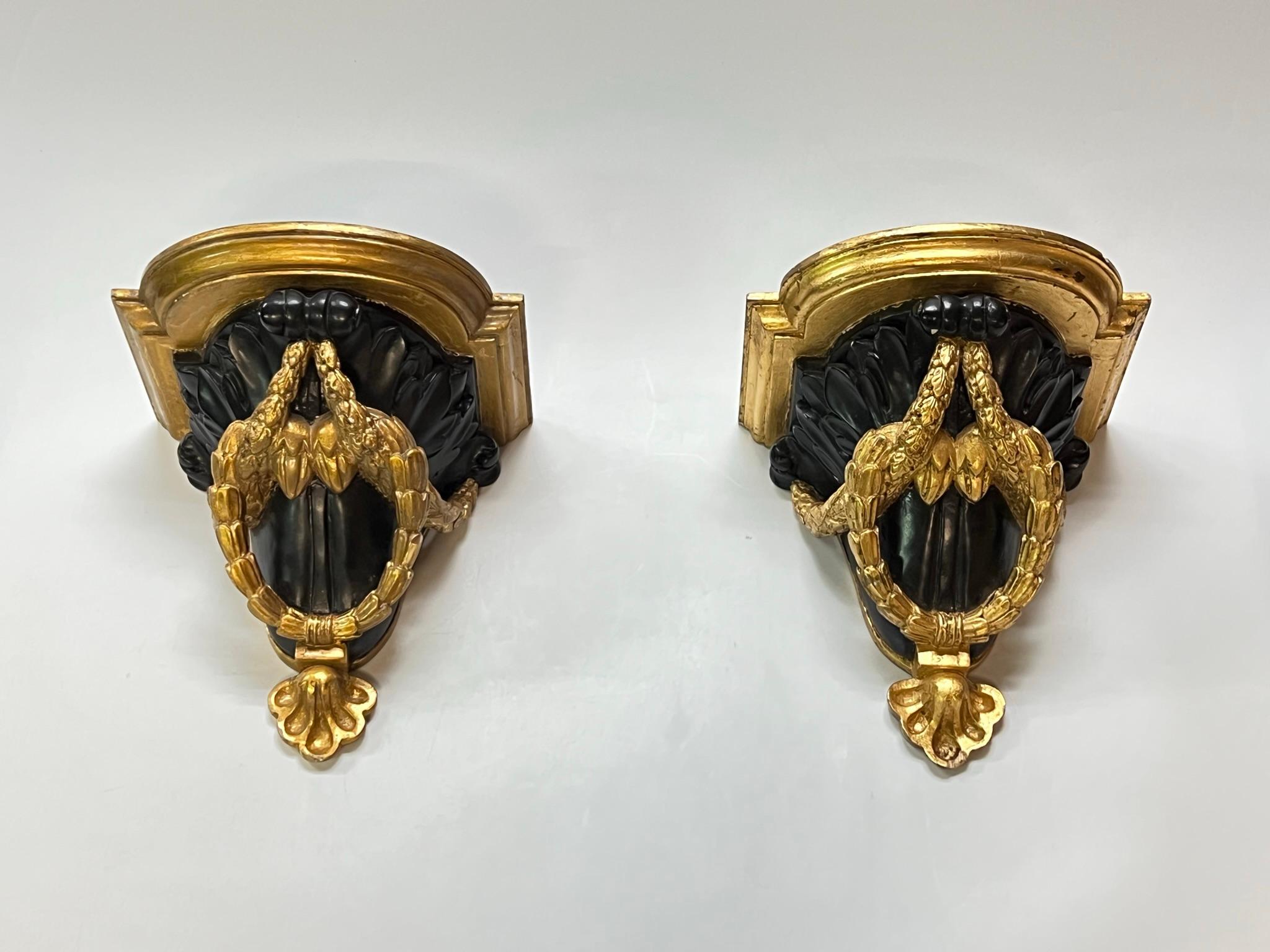 French Pair Neoclassical Gilt and Ebonized Wall Brackets For Sale