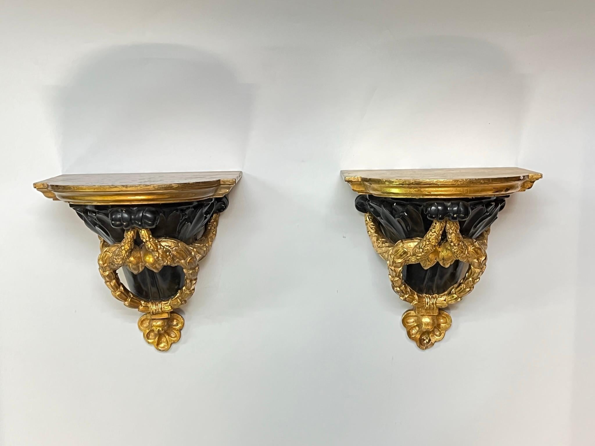 Hand-Carved Pair Neoclassical Gilt and Ebonized Wall Brackets For Sale