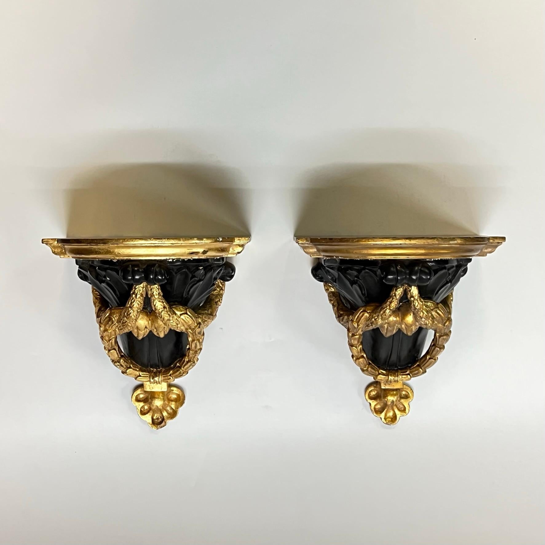 Pair Neoclassical Gilt and Ebonized Wall Brackets For Sale 1