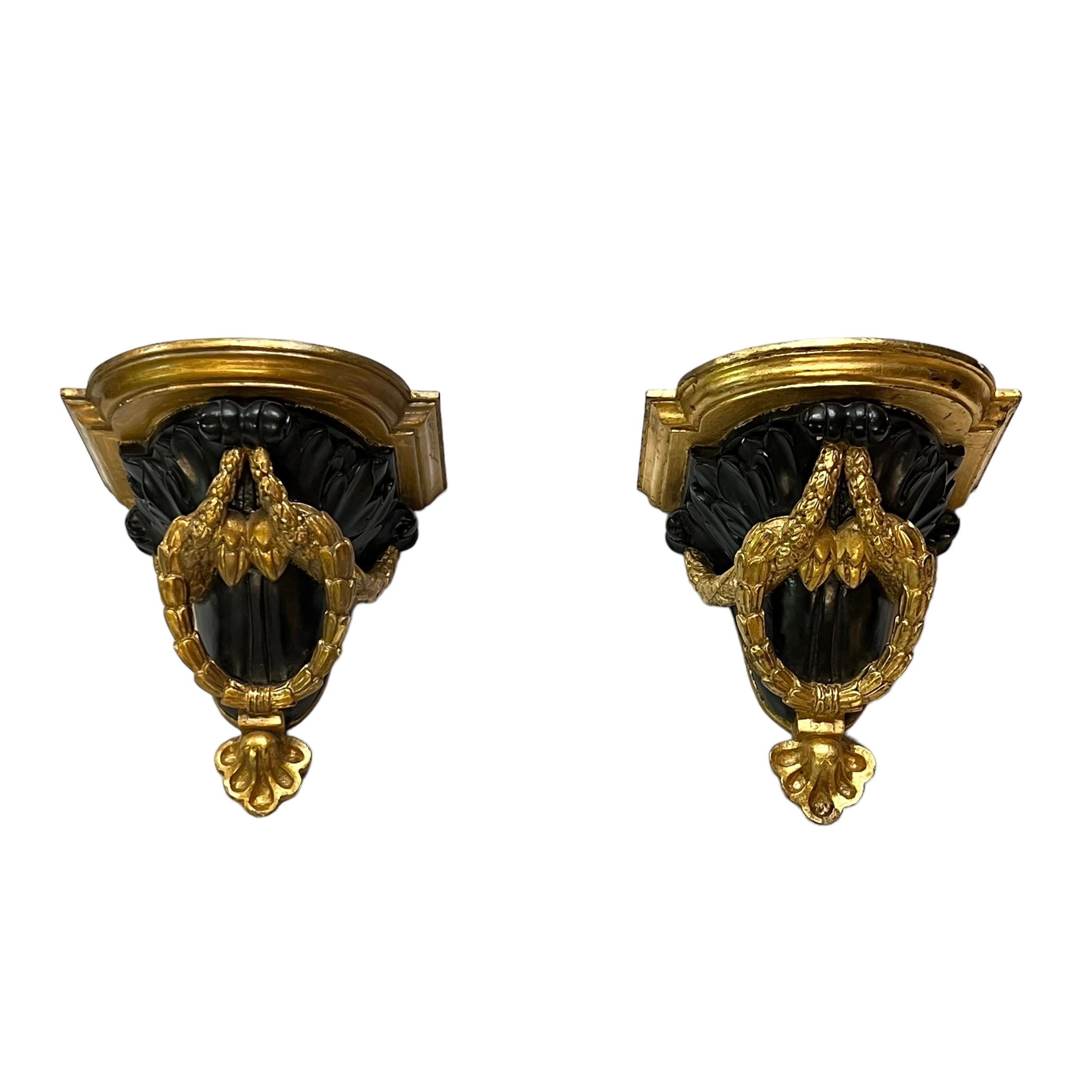Pair Neoclassical Gilt and Ebonized Wall Brackets For Sale
