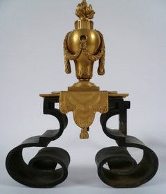 Neoclassical Gilt Bronze and Wrought Iron Andirons Attributed to Caldwell, Pair