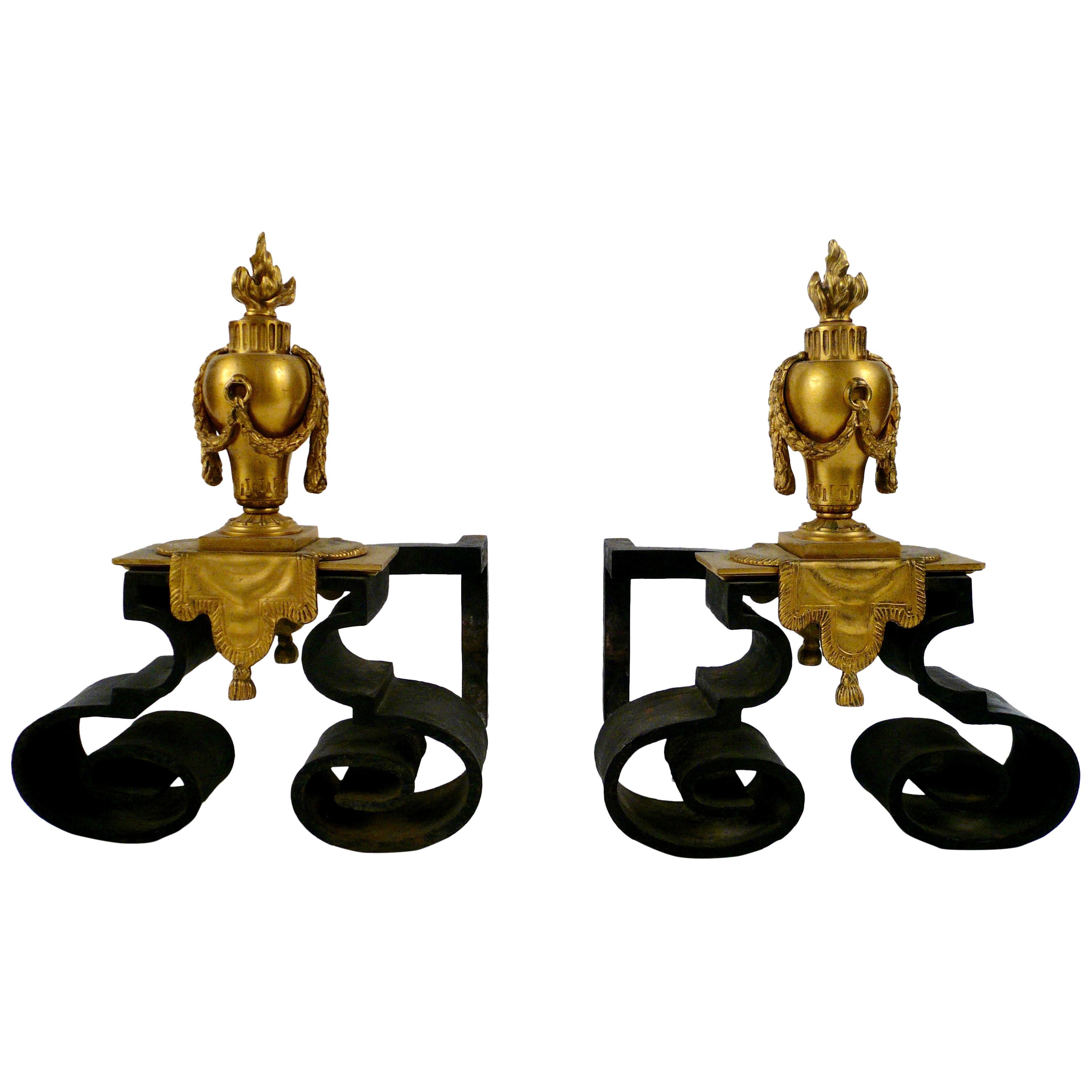 Neoclassical Gilt Bronze and Wrought Iron Andirons Attributed to Caldwell, Pair