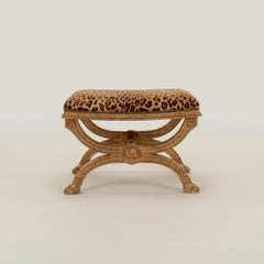 Pair Neoclassical Giltwood Leopard Velvet Curule Benches