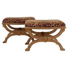 Pair Neoclassical Giltwood Leopard Velvet Curule Benches