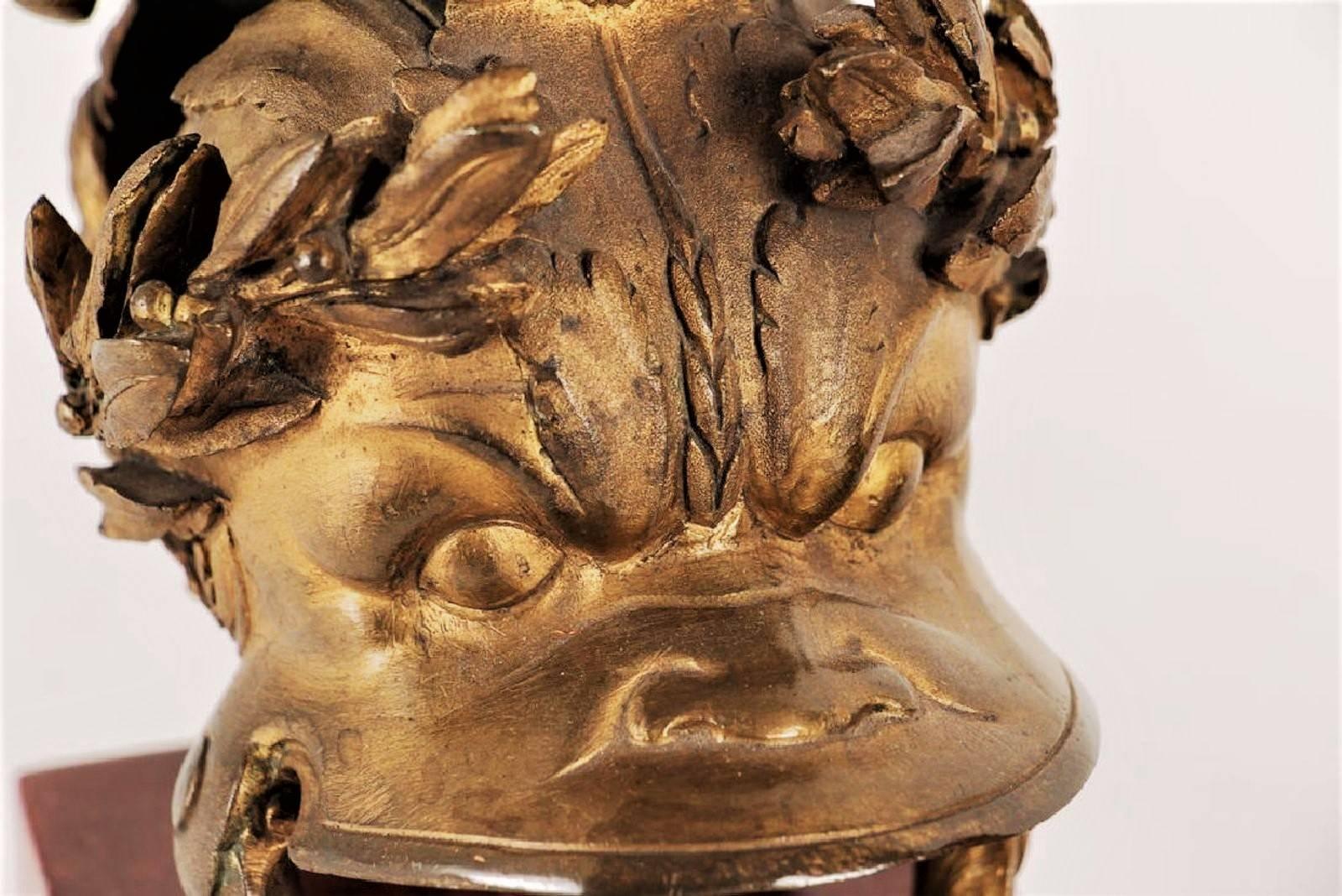 Pair Neoclassical Grand Tours of Gilt Bronze Helmets Now Mounted as Garnitures In Good Condition In Nashville, TN