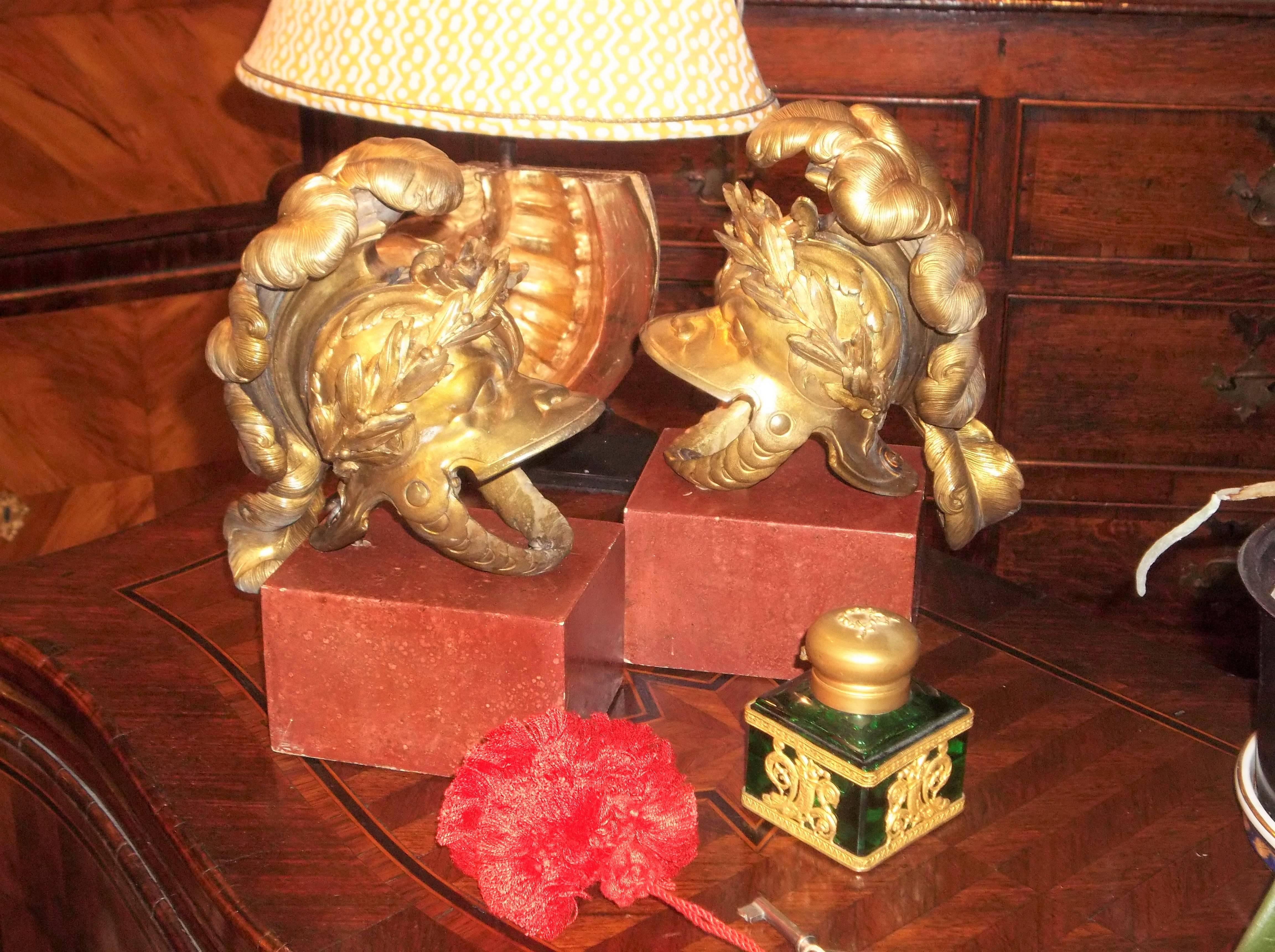 Pair Neoclassical Grand Tours of Gilt Bronze Helmets Now Mounted as Garnitures 3