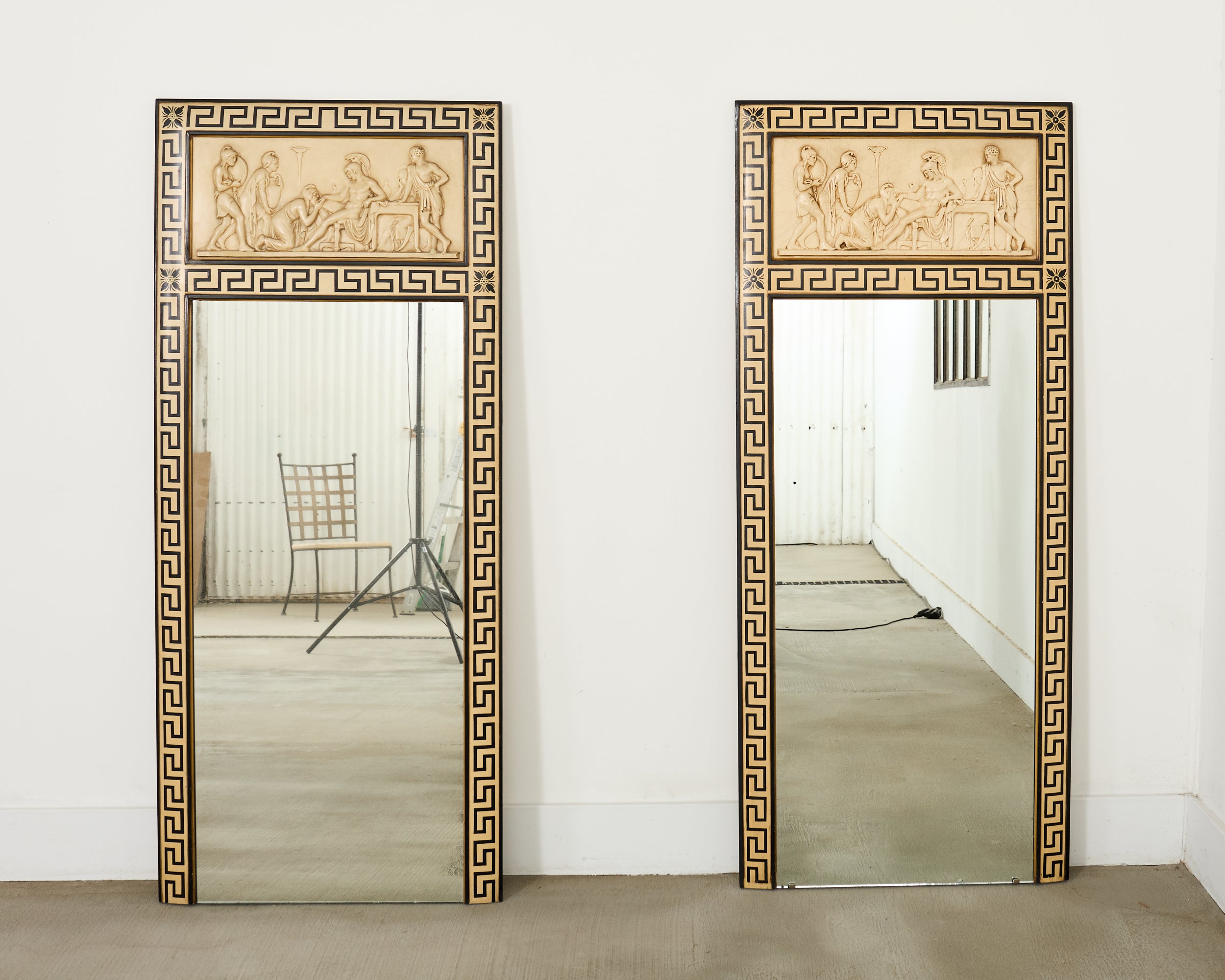 Pair Neoclassical Greco-Roman Style Pier Console Mirrors In Good Condition For Sale In Rio Vista, CA