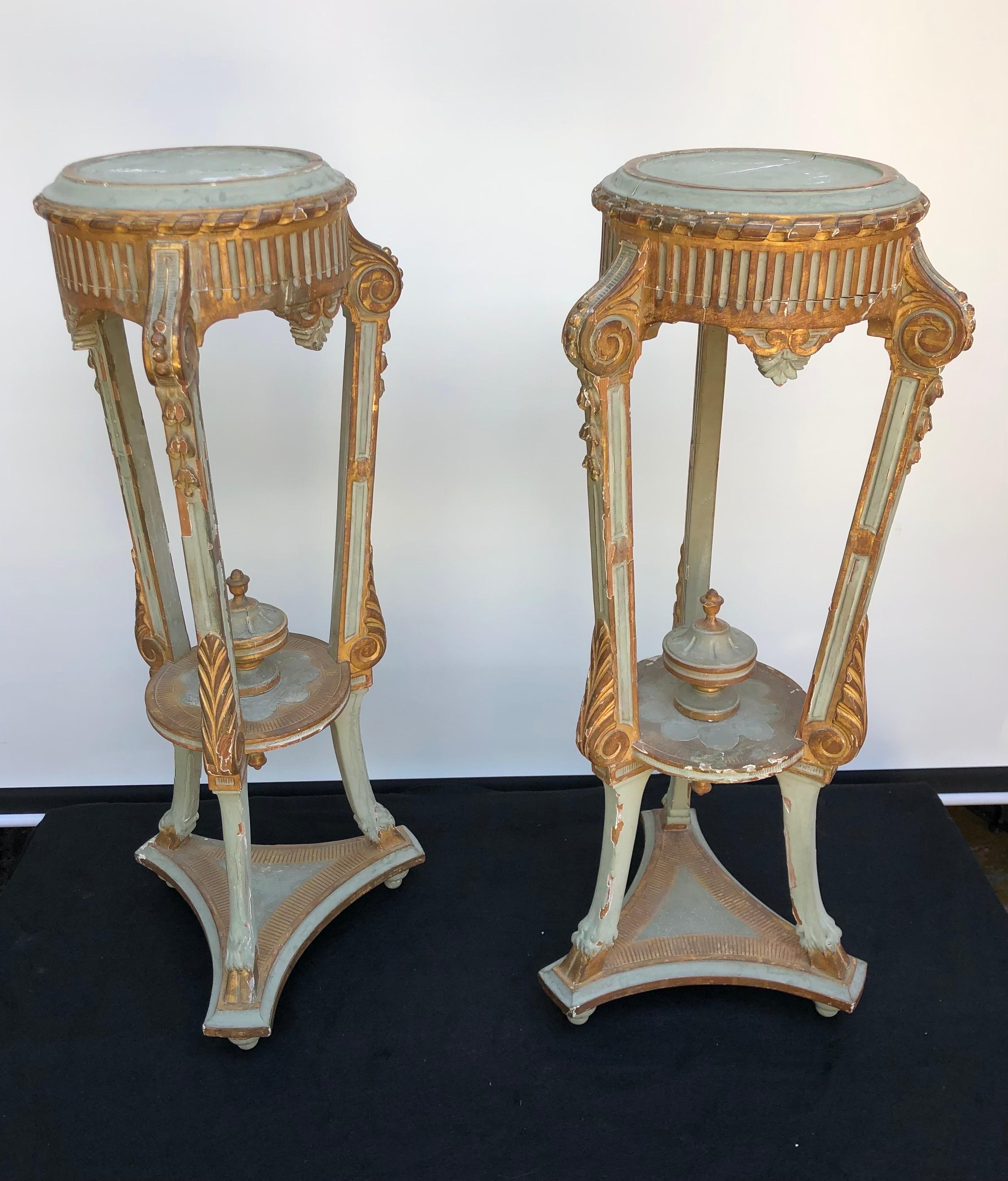 18th Century Pair Neoclassical Italian Painted Parcel-Gilt Torchieres / Pedestals, 18th C.