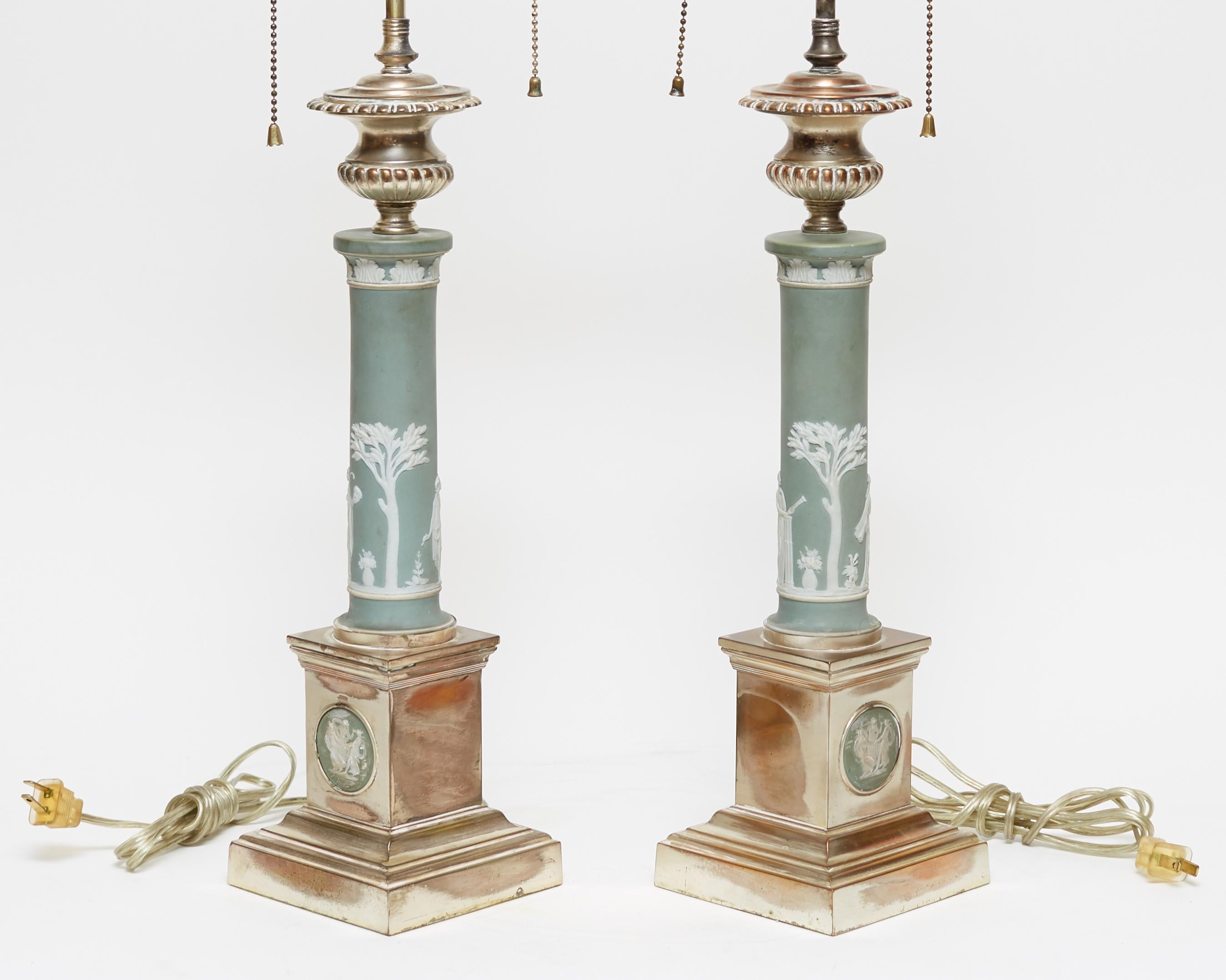 Classical Roman Pair of Neoclassical Jasperware Porcelain and Silver Gilt Metal Table Lamps